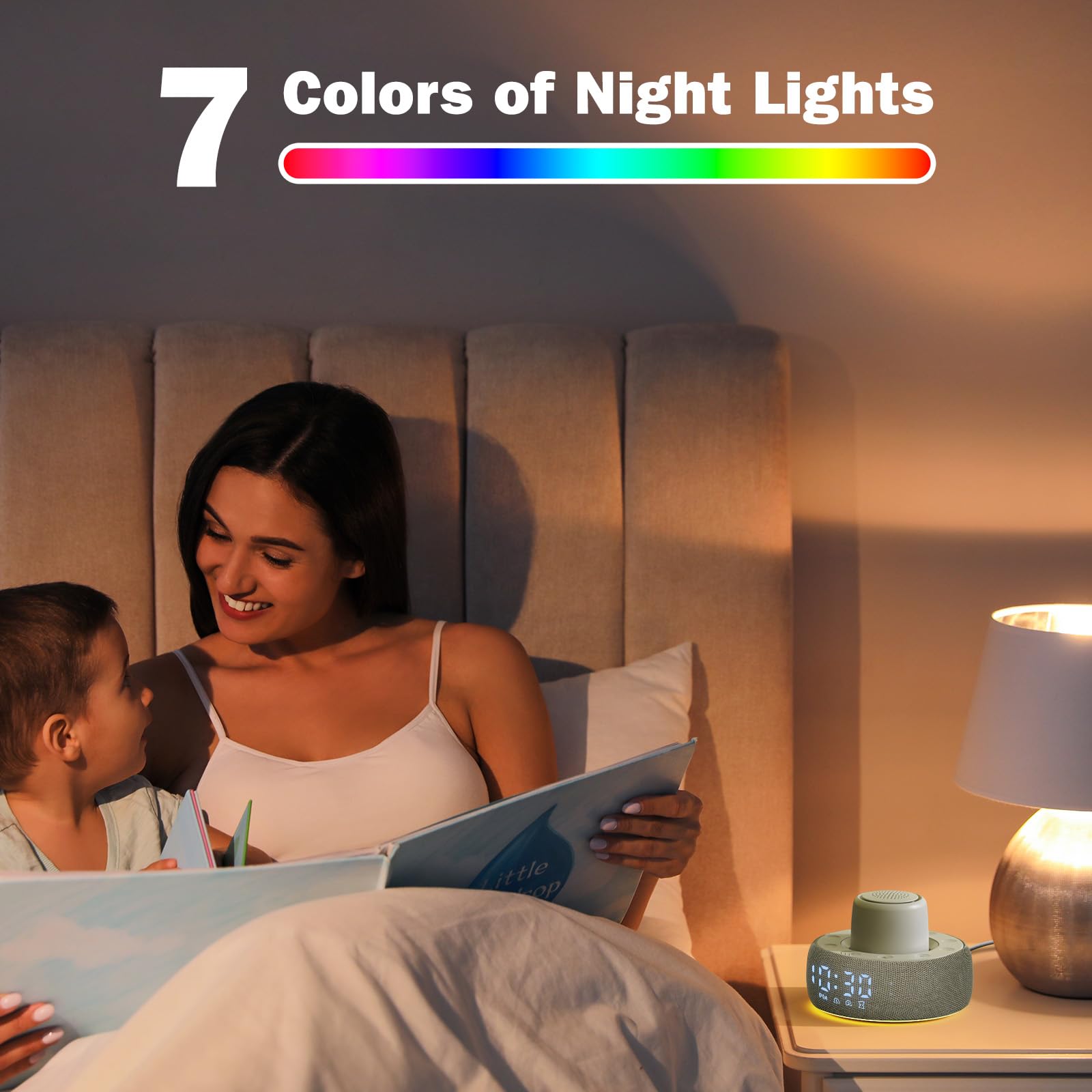 Paussion White Noise Machine with Smart Alarm Clock, 25 Soothing Sounds, Portable Sleep Sound Machine Aid for Baby, Kids, Adults, Office, Dimmable Timer, 7 Night Light Colors for Privacy Bedroom, Gray