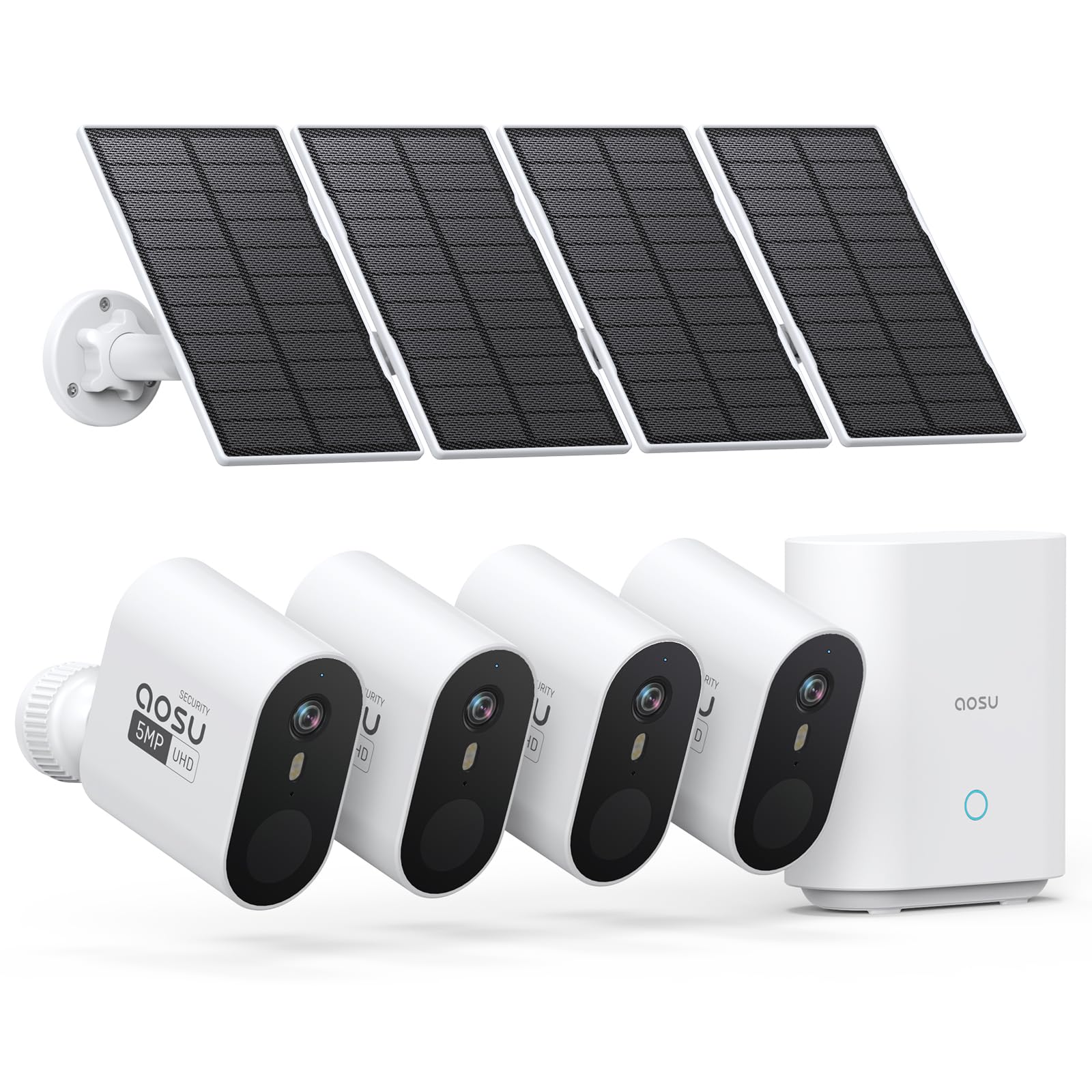 AOSU 3K/5MP Solar Security Cameras Outdoor Wireless, Ultra HD Video Home Security System 4-Cam Kit with 166° Ultra Wide Angle, Cam-to-Cam Sync, Color Night Vision, Spotlight & Siren, No Monthly Fees