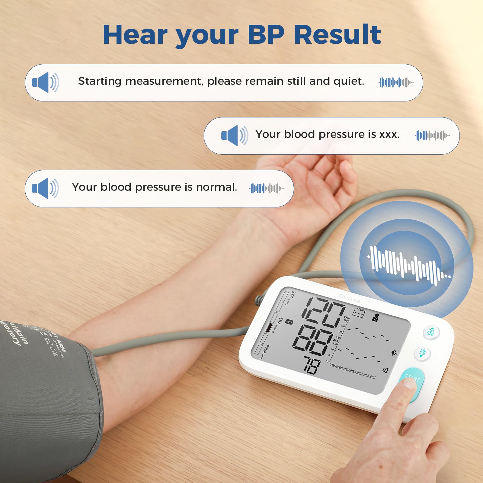 Checkme Blood Pressure Monitors for Home Use, Automatic Digital BP Machine with Bluetooth, Dual Display with 7 Days Trends, XL Size Cuff 8.7-17.7˝, 2 * 250 Storage, Dual Power Supply, Voice Broadcast