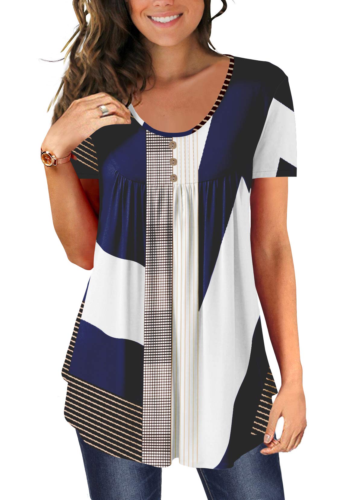 BeadChica Women's Tunic Tops For Leggings Short Sleeve Shirts Botton Up Casual Ruched Blouses Clothing Floral-M White Blue