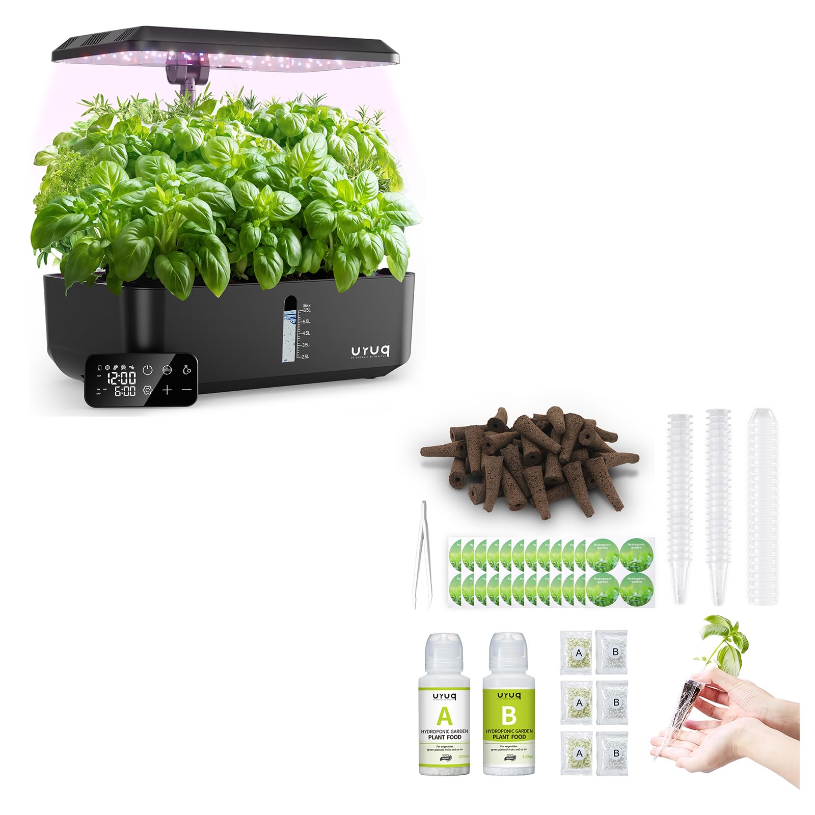 URUQ 12 Pods Hydroponics Growing System Remote Control Black & 188Pcs Hydroponic Pods Supplies