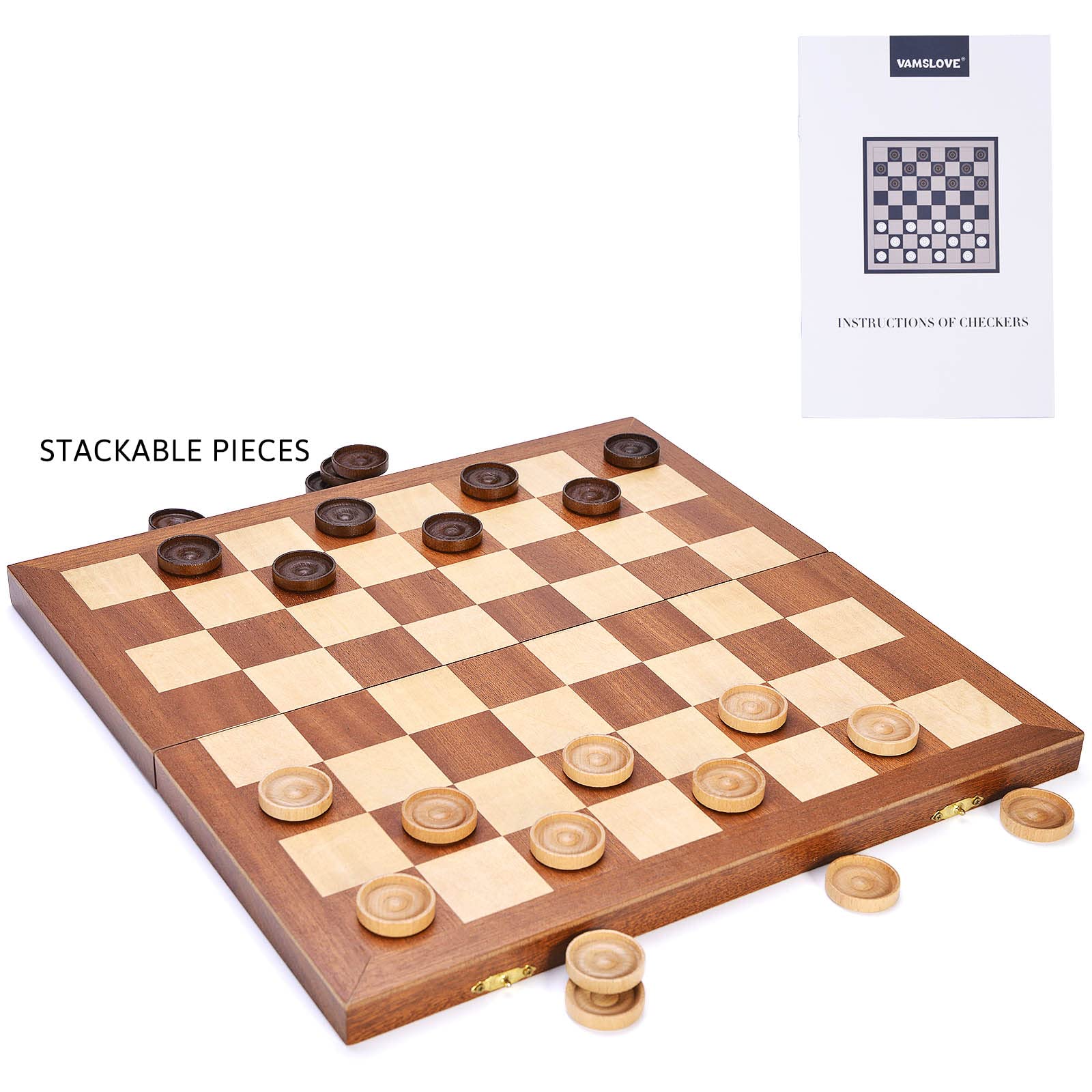 VAMSLOVE 14inch Checkers Folding Wooden Game Set, 8x8 Classic Checkerboard International Checkers Draughts Board 64 Square with Pieces Storage Slots (Instructions Included)