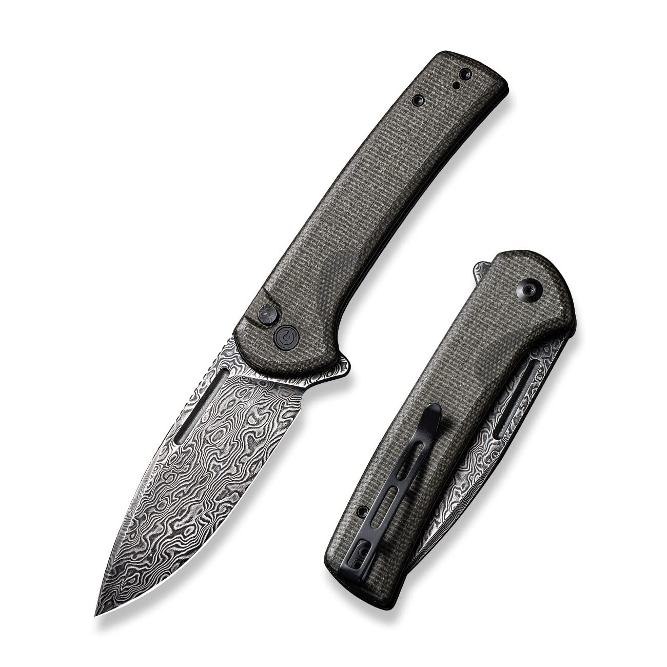 CIVIVI Pocket Knife for EDC, Conspirator Button Lock Folding Knife 3.48" Damascus Blade, Dark Green Micarta Handle C21006-DS1