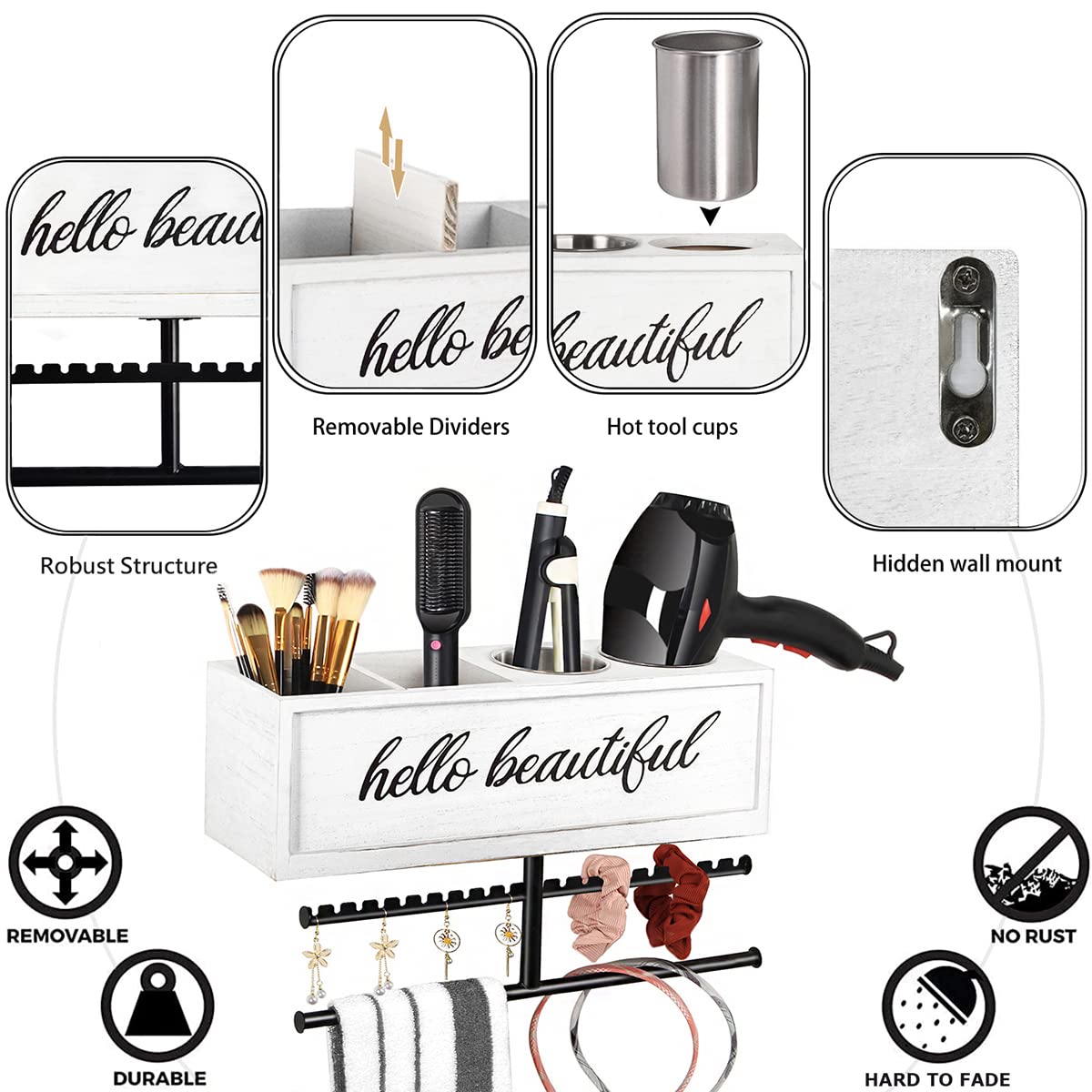 Rustic Hair Dryer Holder Wall Mounted,Hair Styling Tools & Accessories Organizer,Bathroom Supplies & hot Tools vanities Organizer Caddy,for Storage Flat Iron,Blow Dryer,Curling Iron (White)