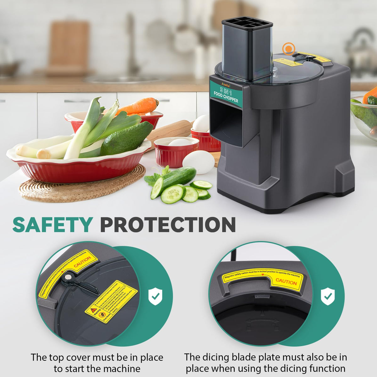 Newhai 3 in 1 Electric Vegetable Dicer Slicer Shredder Multifunctional Vegetable Chopper Automatic Veggie & Fruit Cutter Machine for Commercial & Home Use, 110V, 100W