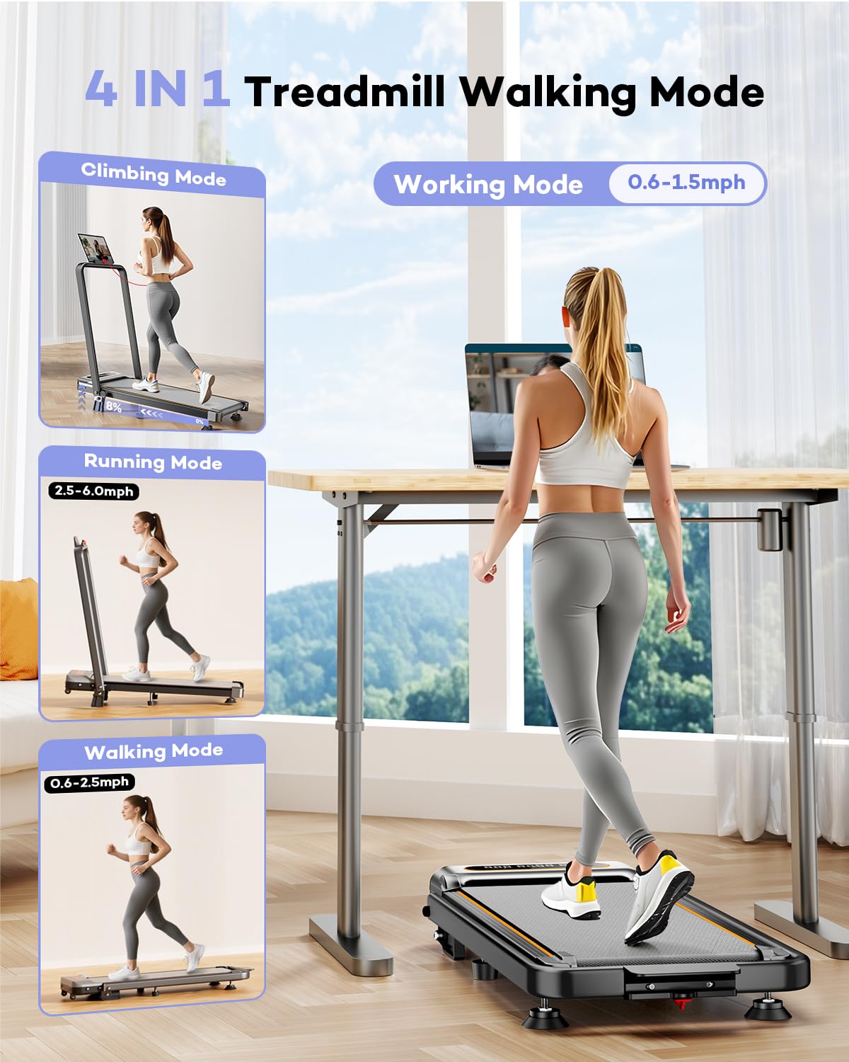 Foldable Treadmill with 10% Incline, 3.5HP Low Noise Walking Pad Treadmill with Handle Bar, Trisomy 4 in 1 Portable Under Desk Treadmills for Home/Office, 330 Lbs Capacity, APP & Remote Control
