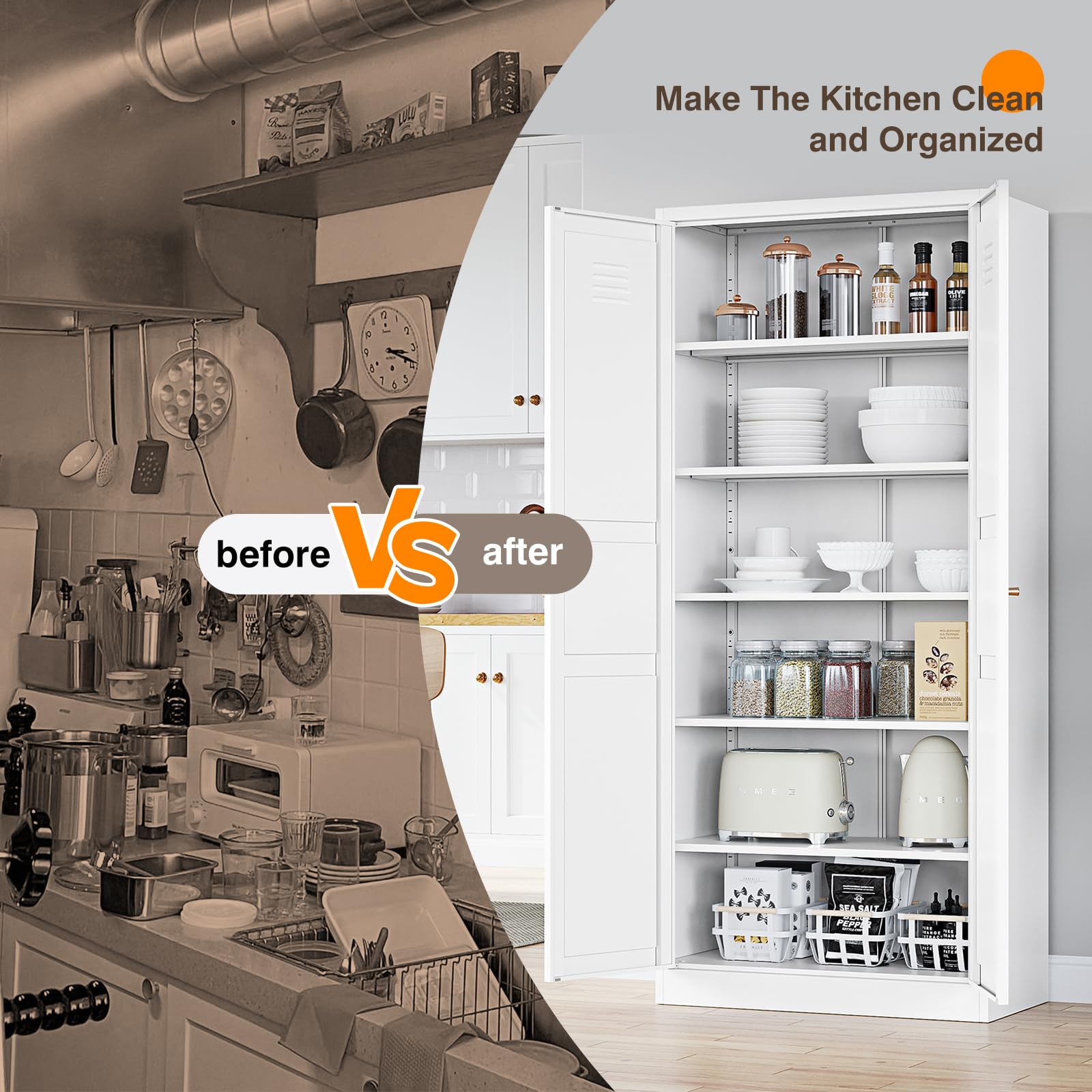 Yizosh Metal Storage Cabinet - 71" White Kitchen Pantry with 2 Doors and 5 Adjustable Shelves, 5-Tier Tall Steel Locker for Living Room, Dining Room