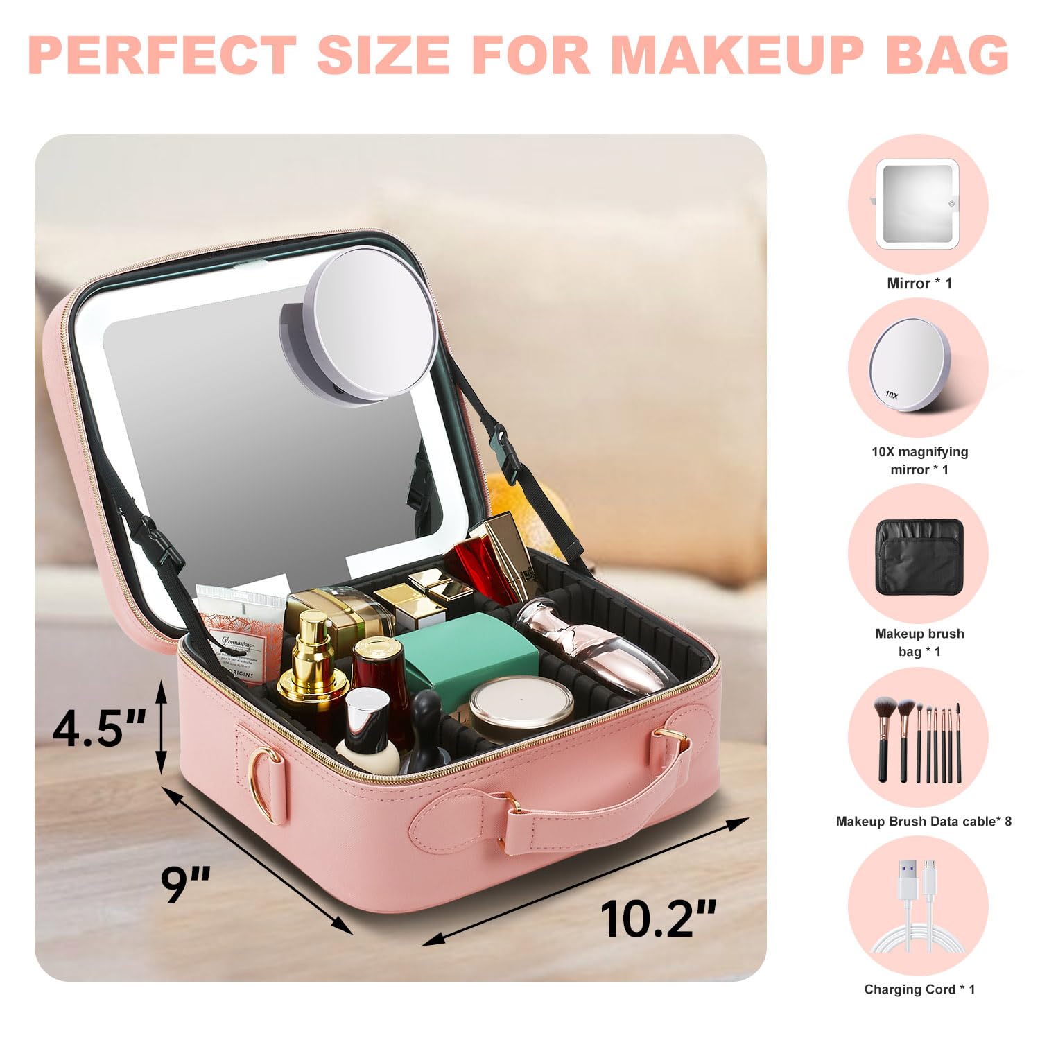 Mocado Travel Makeup Bag with LED Lighted Mirror, Travel Makeup Organizer, Makeup Case with 8 Makeup Brushes and 10x Magnifying Mirror, 3 Color Lighting, Adjustable Divider Makeup Box(Pink Lozenge)