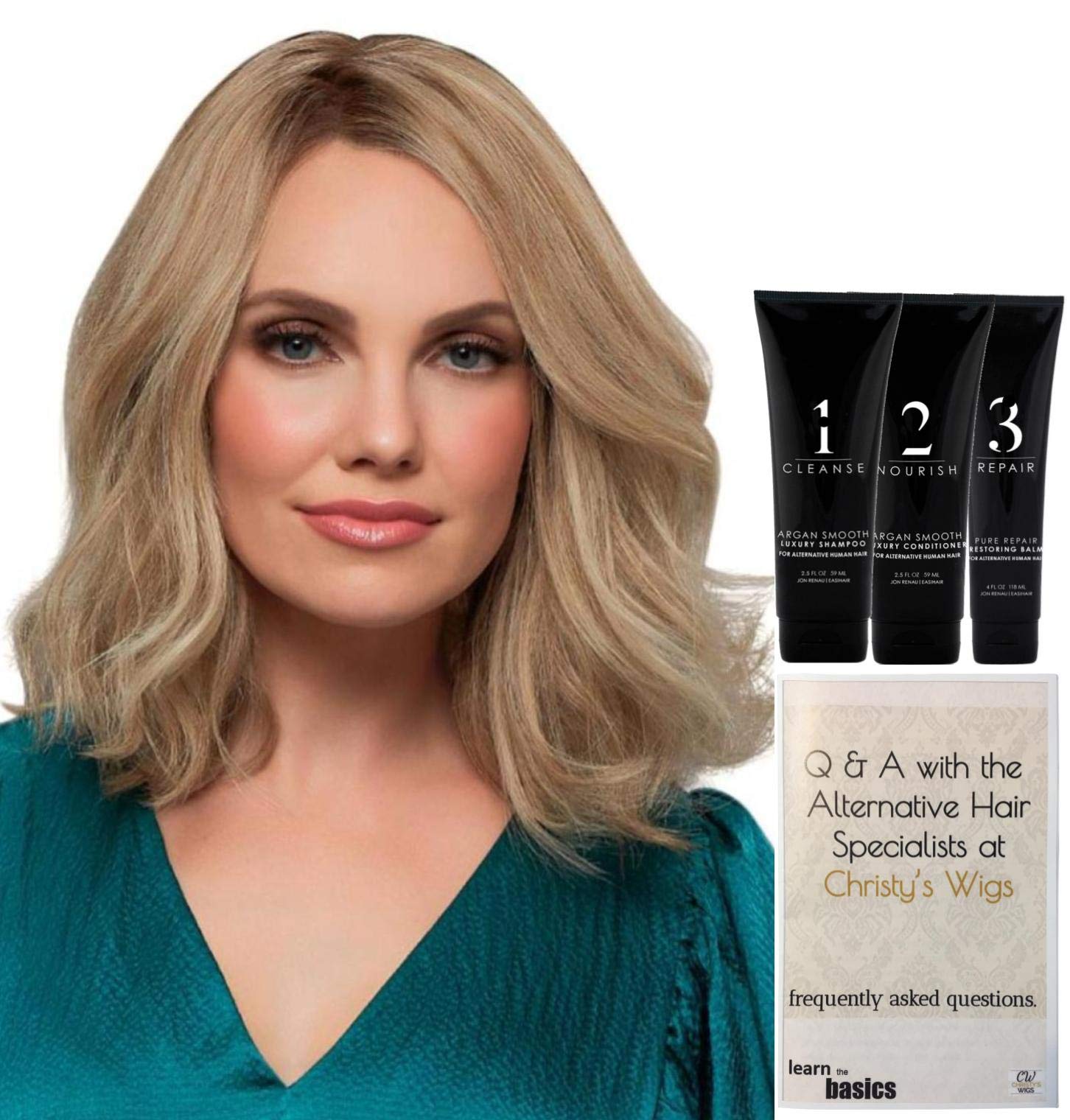 Bundle - 5 Items: Carrie Remy Human Hair by Jon Renau, Christy's Wigs Q & A Booklet Luxury Shampoo & Conditioner & Pure Repair Restoring Balm - Color: FS4/33/30A