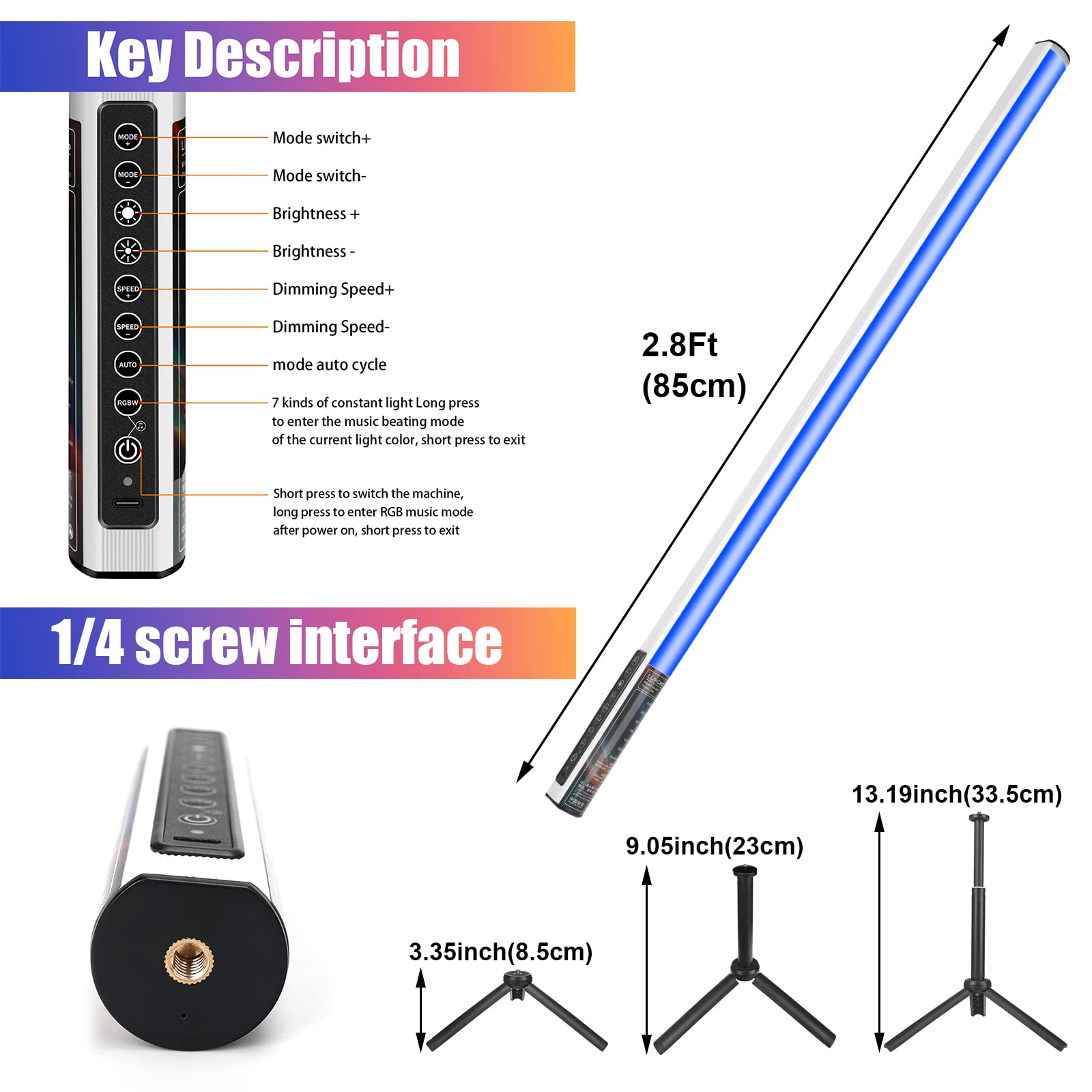 LUXCEO 2Pack RGB Tube Light Bar (2.8Ft) with Stand, Battery Powered LED Video Light Wand Stick for DJ & Photography