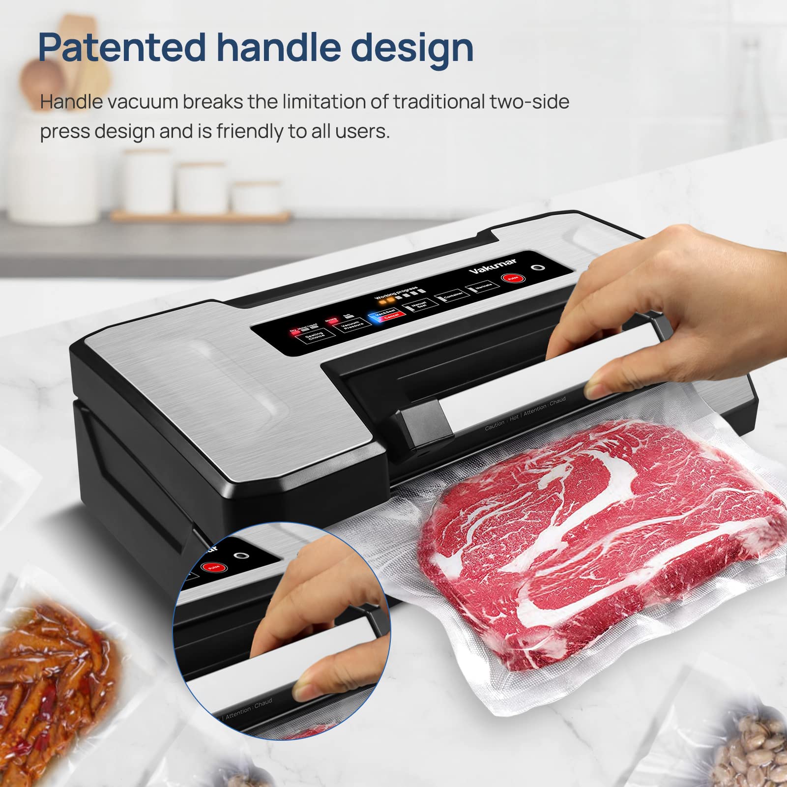 Vakumar Vacuum Sealer Machine, 90Kpa Food Vacuum Sealer Machine Preservation Dry/Moist/Liquid Modes, LED Indicator Light, Handle Locked Design, Built-in Cutter and Bag Storage, Removable Drip Tray