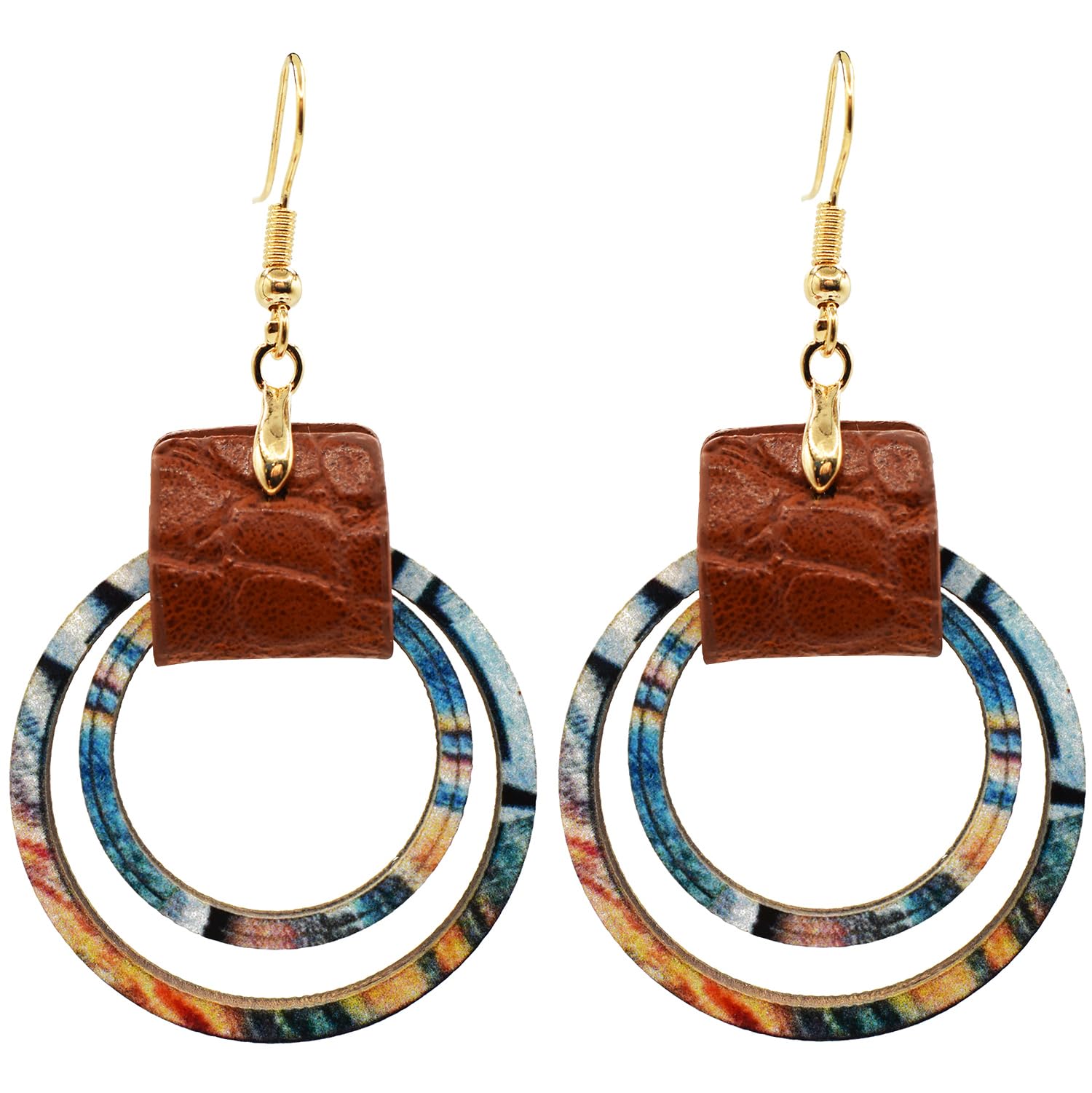 Handmade Big Hoop Earrings, Boho Earrings, Colorful Wooden Leather Earrings, Wood Circle, Statement Jewelry for Women