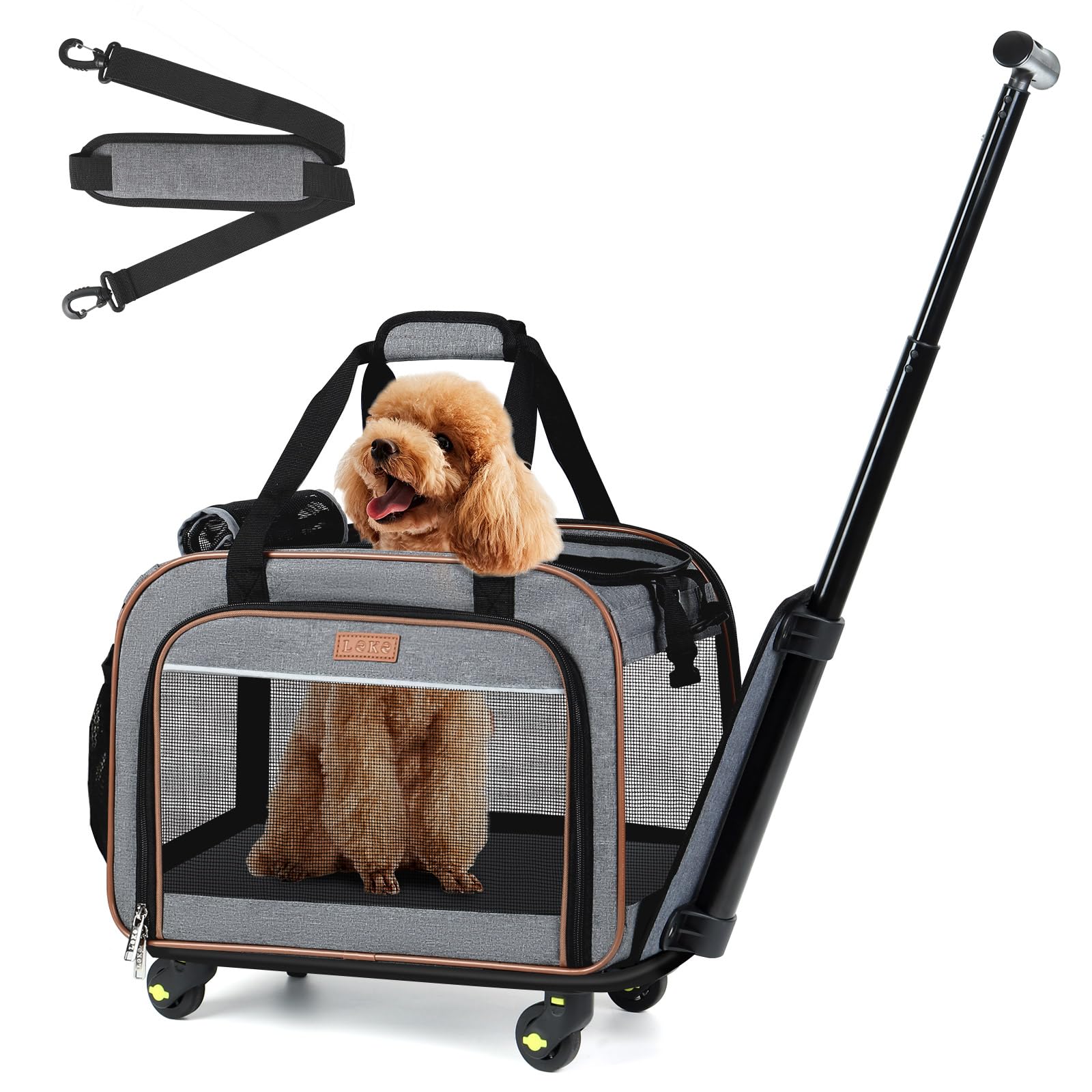 Lekebobor Dog Carrier with Wheels Rolling Pet Carrier Cat Carrier Airline Approved,Wheeled Pet Carrier with Telescopic Walking Handle,Grey