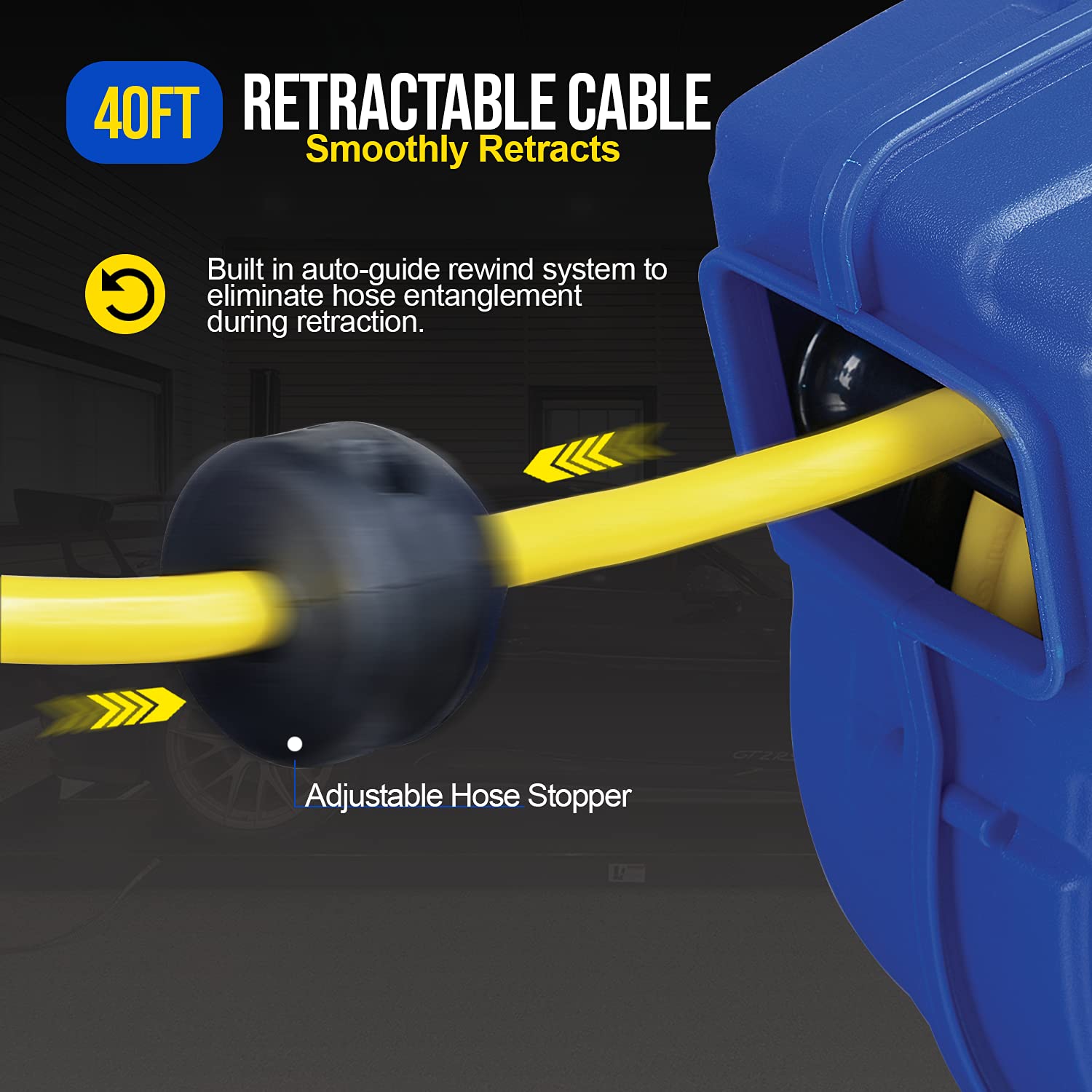 GOODYEAR Extension Cord Reel Extra Long 40 ft 14AWG 3C SJTOW, Triple Tap Connector, Heavy Duty, Slow Retraction Stop At Any Point