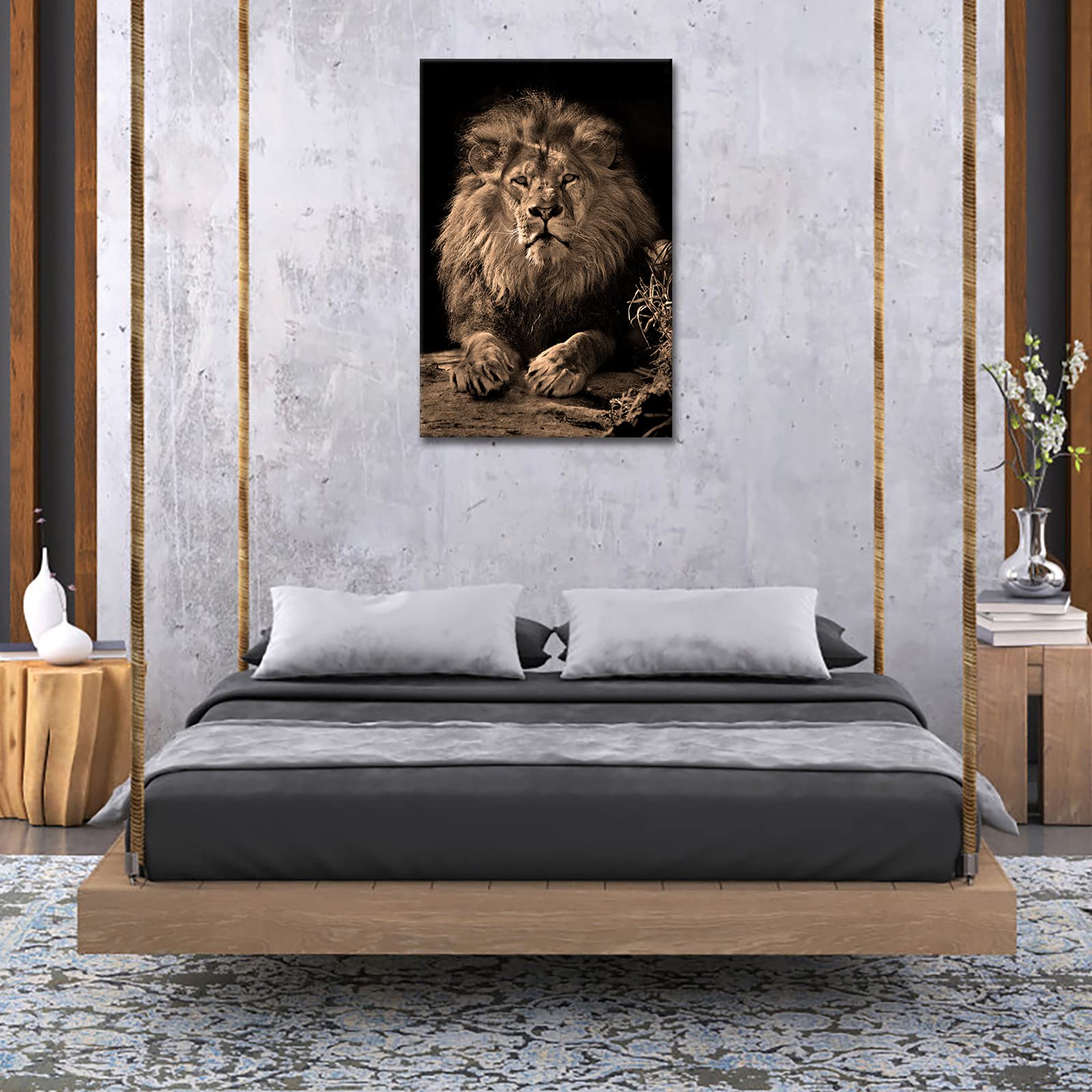 RnnJoile Lion Prints Wall Art Black and White Lion Portrait Painting Picture Powerful Animal Canvas Artwork for Mens Apartment Bedroom Decorations Framed 24"x36"