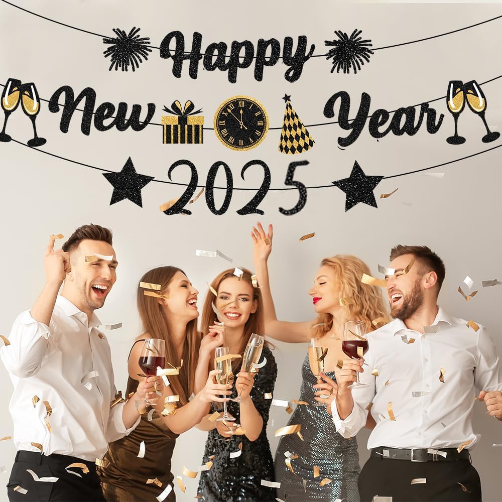 IMISHM Black Gold New Years Decorations 2025 Glitter Happy New Year Banner New Years Eve Party Supplies New Years Eve Decorations Happy New Year Sign For New Year Party Decorations