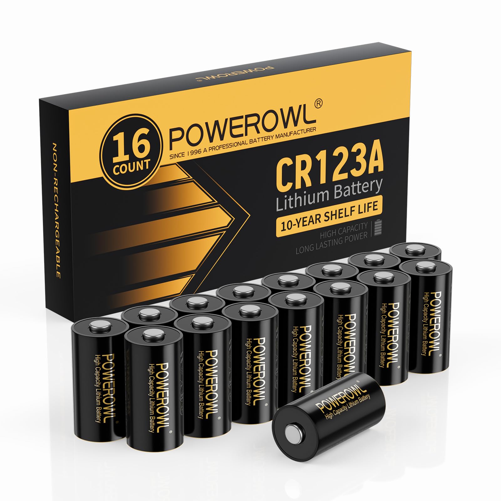 POWEROWL 123A 3V Lithium Battery 16 Count, High Capacity Cr123A 123 C123 CR17345 Batteries for Flashlight Camera Sensor