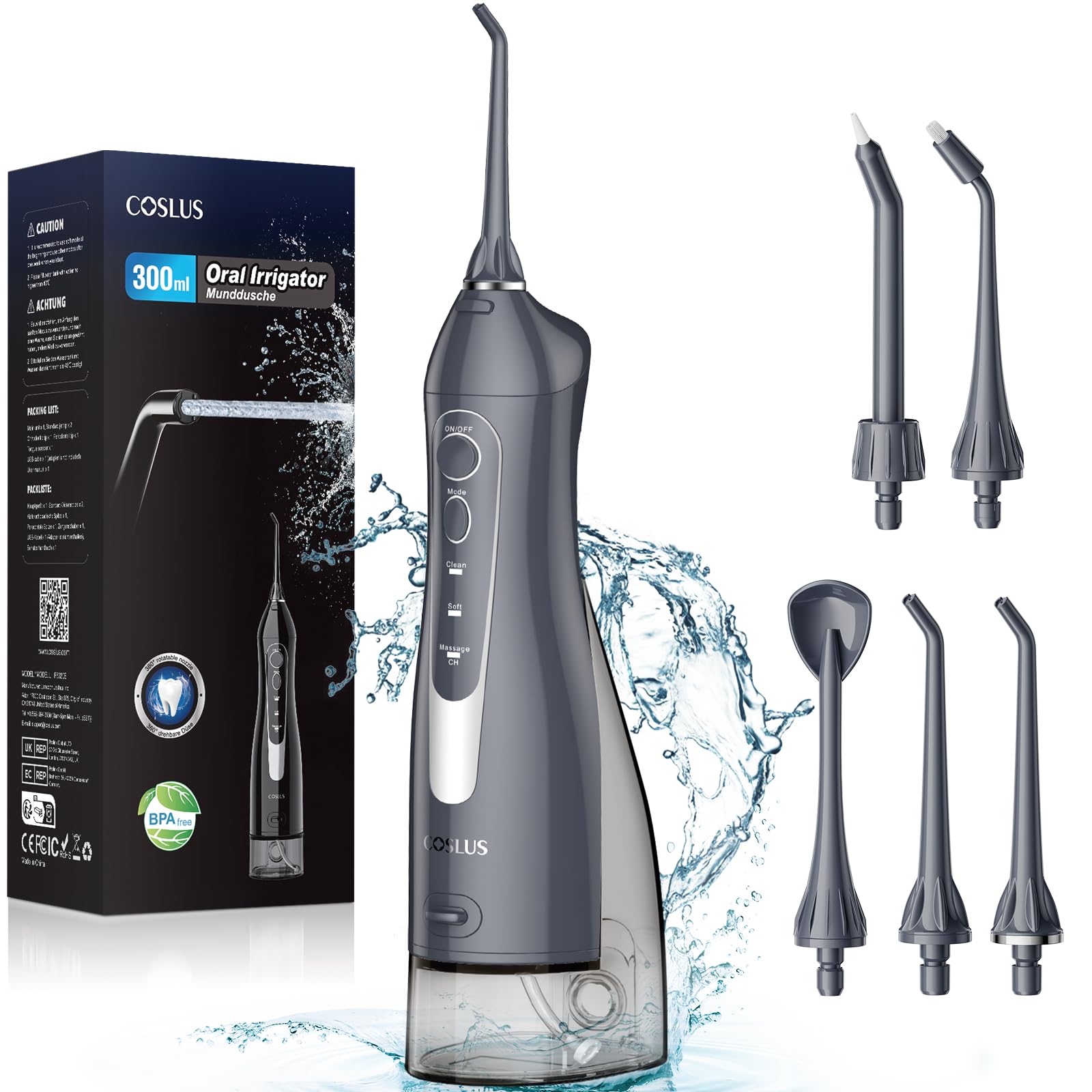 COSLUS Water Dental Flosser Teeth Pick: Portable Cordless Oral Irrigator 300ML Rechargeable Travel Irrigation Cleaner IPX7 Waterproof Electric Flossing Machine for Teeth Cleaning F5020E Grey