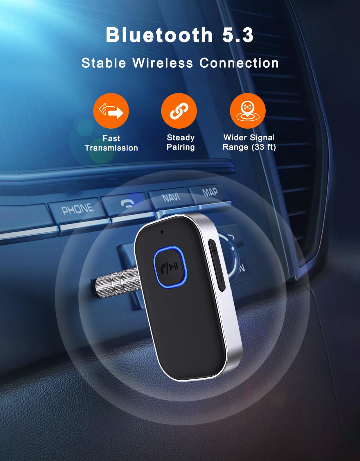 COMSOON Bluetooth Receiver for Car, Noise Cancelling 3.5mm AUX Bluetooth Car Adapter, Wireless Audio Receiver for Home Stereo/Wired Headphones, Hands-Free Call, 16H Battery Life - Black+Silver