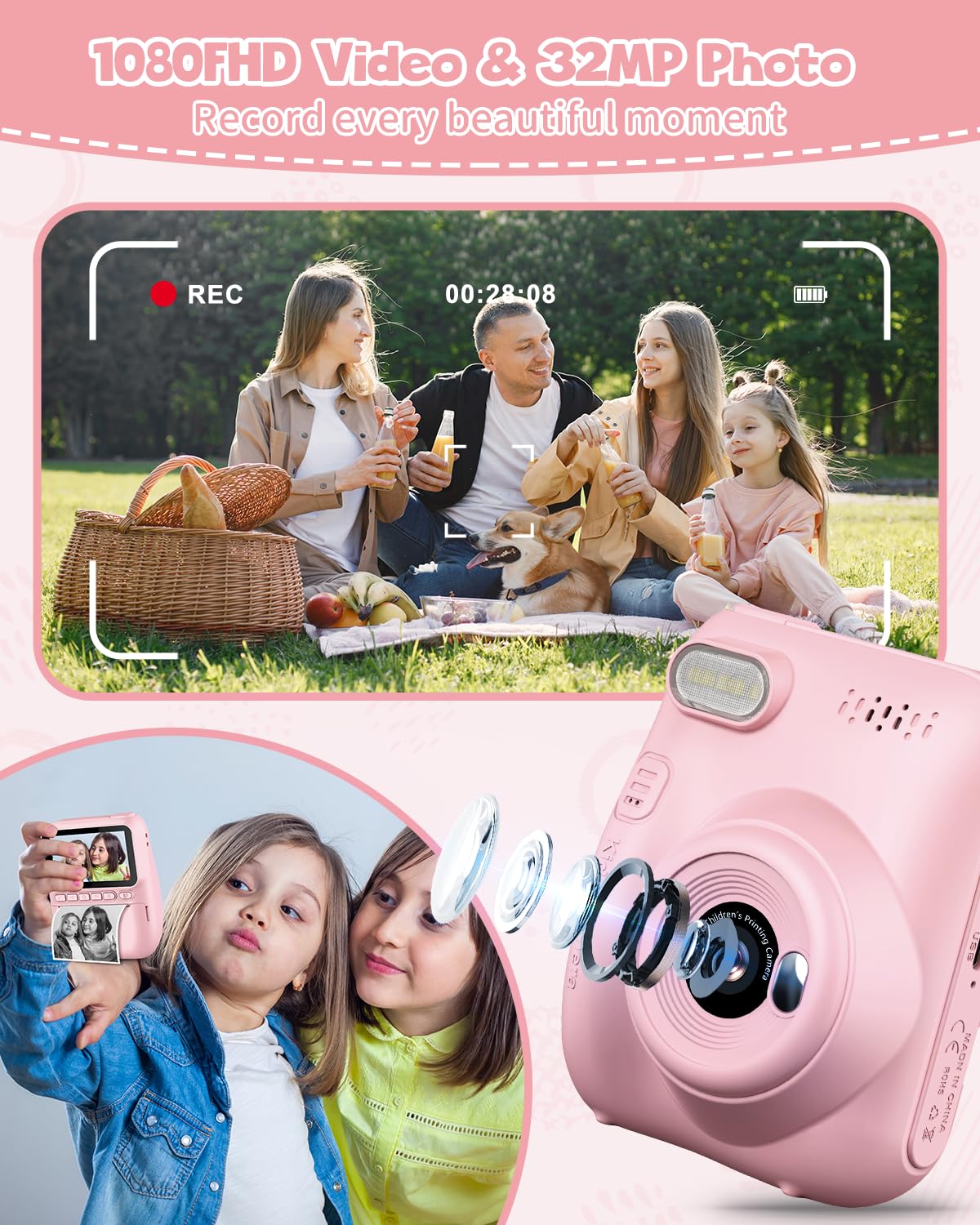 LETSHAHA Kids Instant Print Camera, 3.0-inch HD Screen 32MP Photo Instant Digital Camera Christmas Birthday Gifts Toys for Toddle Children Girls Boys Age 3-12 - Pink