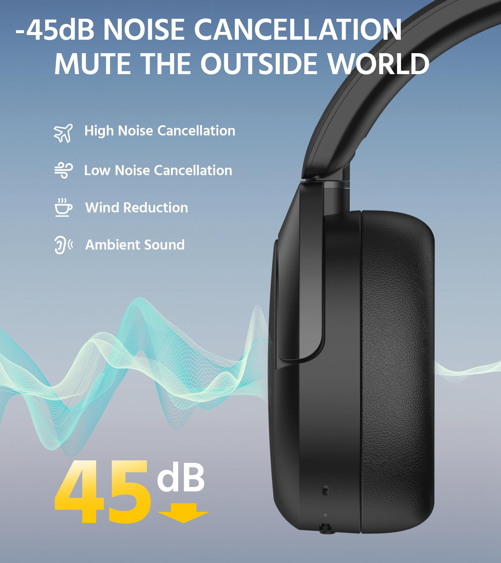 Edifier W830NB Wireless Over Ear Headphones with -45dB Active Noise Cancelling, 94H Playtime, LDAC Hi-Res Sound, Spatial Audio, Fast Charging, Multipoint Connection, Bluetooth V5.4 - Black