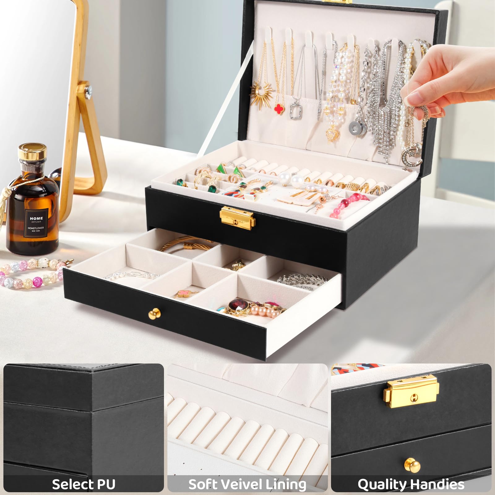 Luxnwatts Jewelry Box for Women Girls-Two Layers Jewelry Organizer with 1 Drawer-Large Jewelry Boxes & Organizer for Necklaces Earrings Rings Bracelets