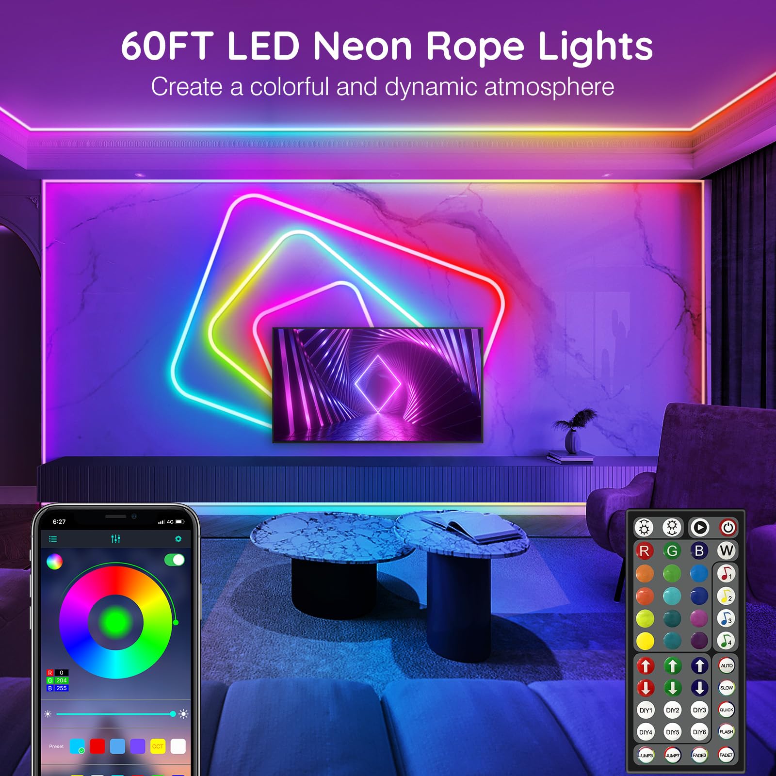 SINLEY Led Neon Rope Lights 60FT,Control with App/Remote,Flexible Led Rope Lights,Multiple Modes,IP68 Outdoor RGB Neon Lights Waterproof,Music Sync Gaming Led Neon Strip Lights for Bedroom Indoor