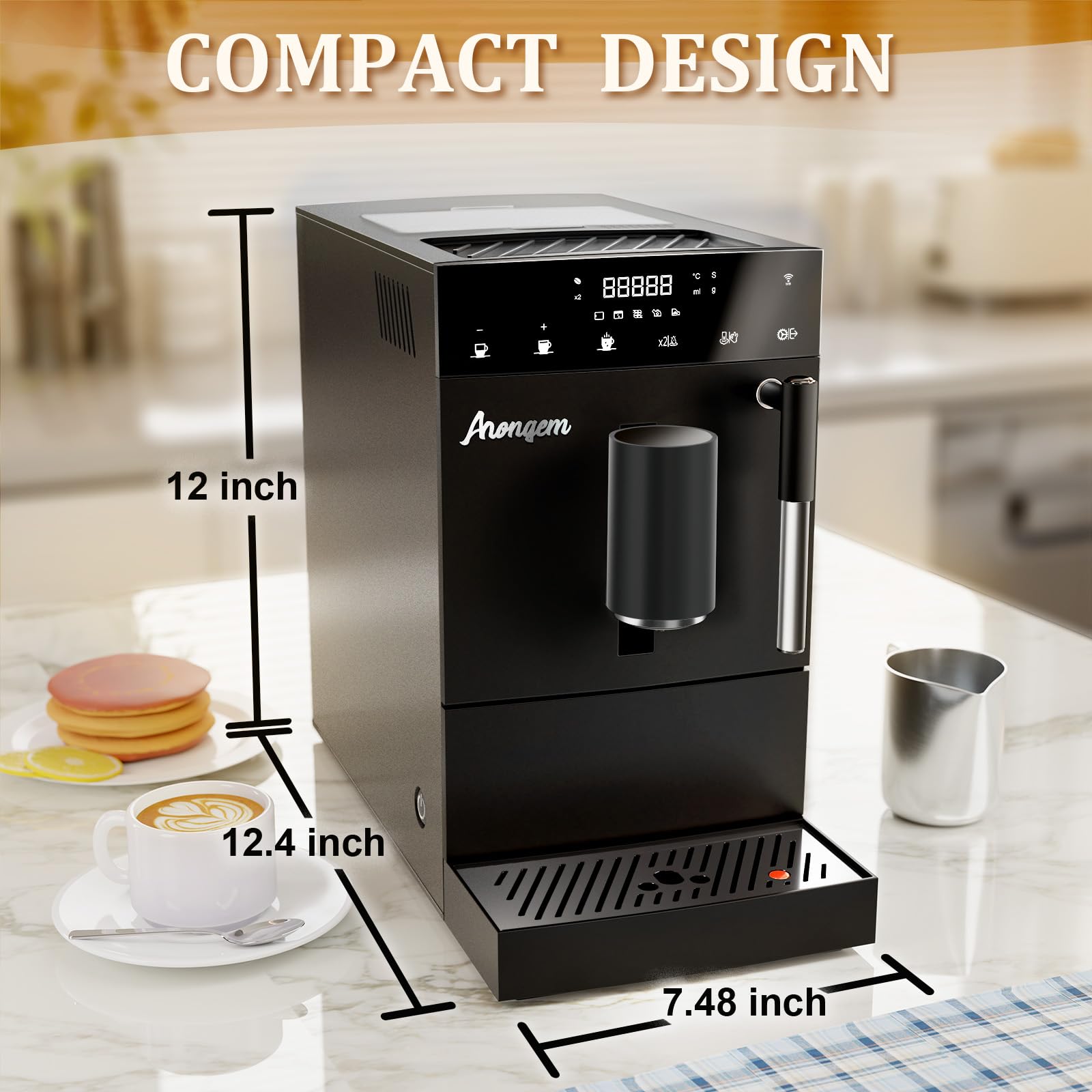 Ahongem Coffee Maker with Grinder for Cappuccino Machine: Automatic Espresso Machines for Home - Cafeteras with Frother for Kitchen - Programmable Coffee Makers for Office (Black)