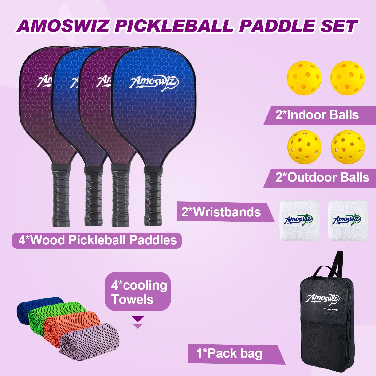 Amoswiz Pickleball Paddles Set of 4, Pickleball Paddles with Bag & 4 Pickleballs Set, Premium Pickle Ball Racket Starter Set, Gifting for Men Women