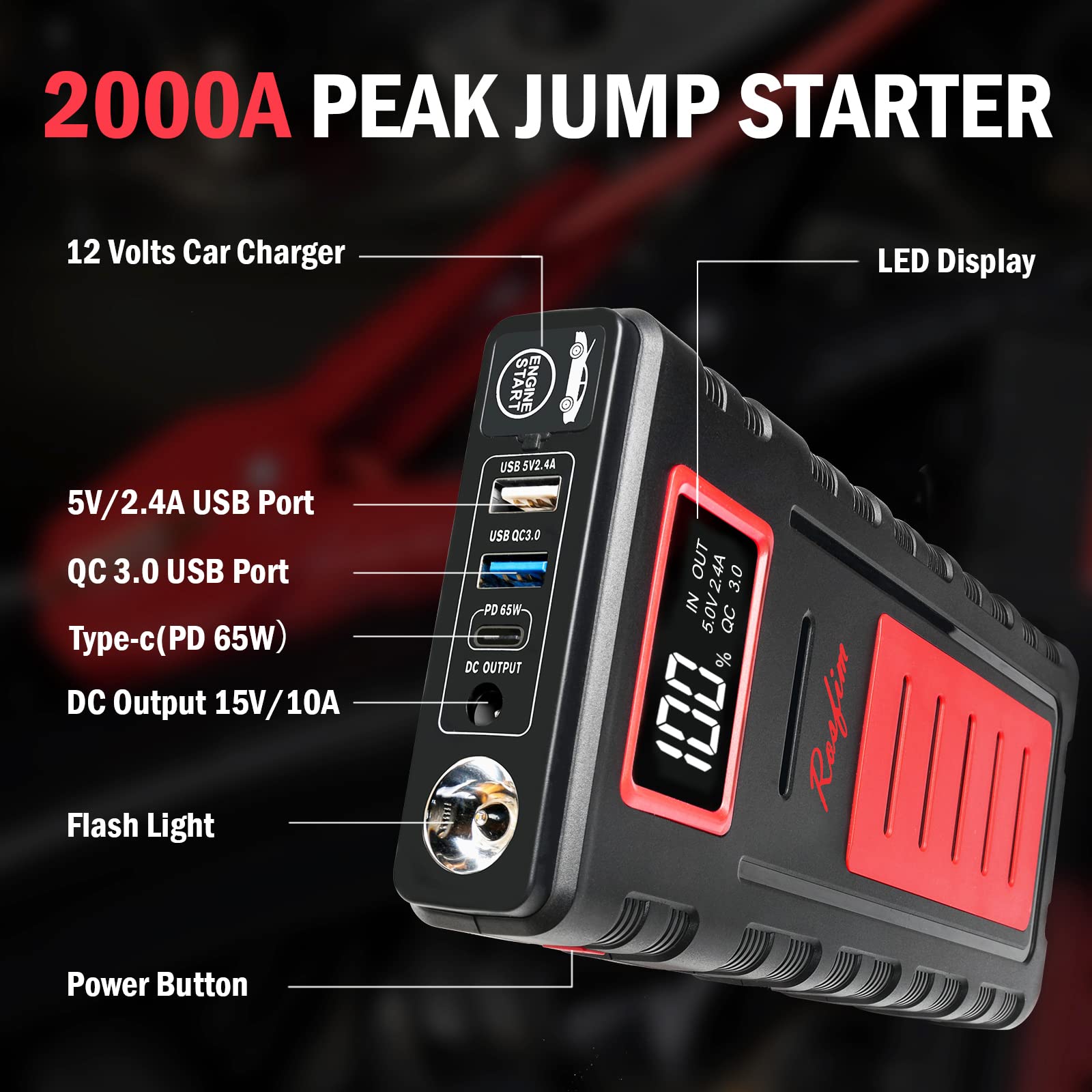 Portable Car Jump Starter, Rosfim 2000A Jump Starter Battery Pack for up to 8.5L Gas and 6.5L Diesel Engines,12V Auto Battery Booster, USB-C PD 65W Power Bank Charger with LCD Display