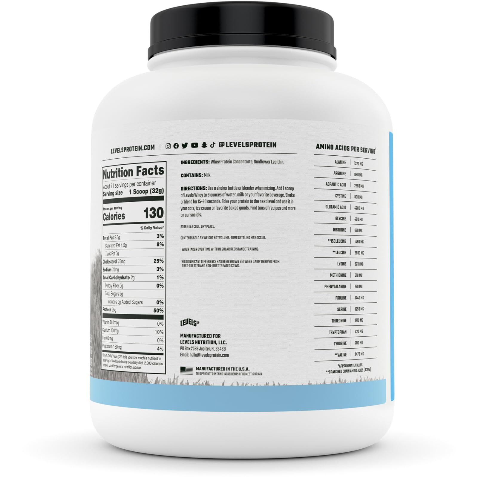 Levels Grass Fed Whey Protein Powder, No Artificials, 25G of Protein, Unflavored, 5LB