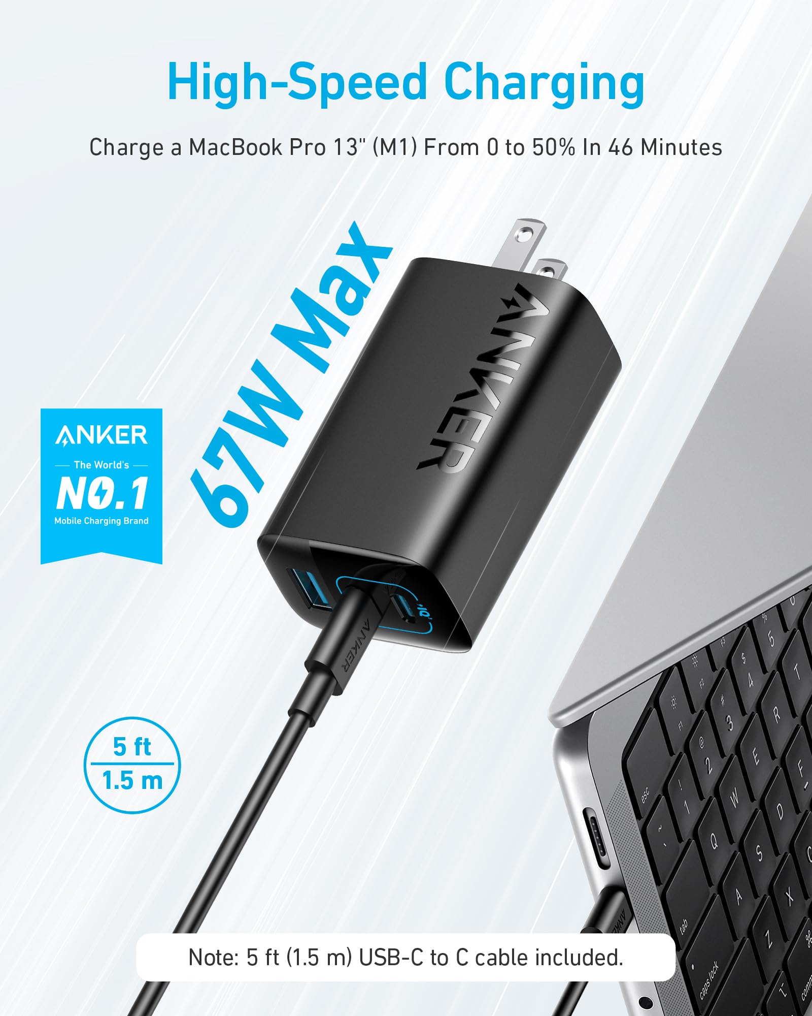 Anker 67W USB C Charger, 3 Port PIQ 3.0 Compact and Foldable Fast Charger for MacBook Pro, iPad, Galaxy, Pixel, iPhone and More (5ft USB C to USB C Cable Included)