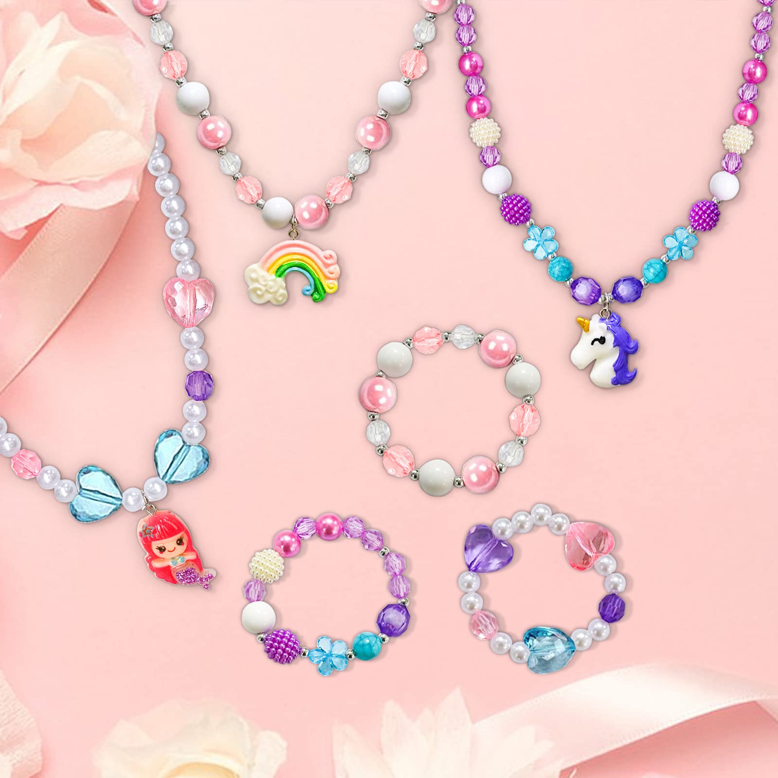 Newmemo Beads Necklace and Bracelet for Kids 6PCS Play Jewelry for Little Girls Princess Unicorn Mermaid Rainbow Pendant for Toddler Christmas Birthday Party Favors Cosplay
