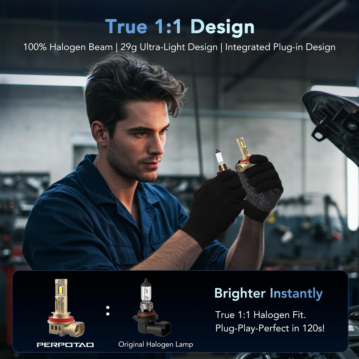 PERPOTAO 9005/HB3 H11/H8/H9 Head Light Bulbs Combo, 70000LM 800% Brighter, 60000H Lifespan, 6000K White, 1:1 Mini Size, IP68 Waterproof, Plug & Play, 4-Pack