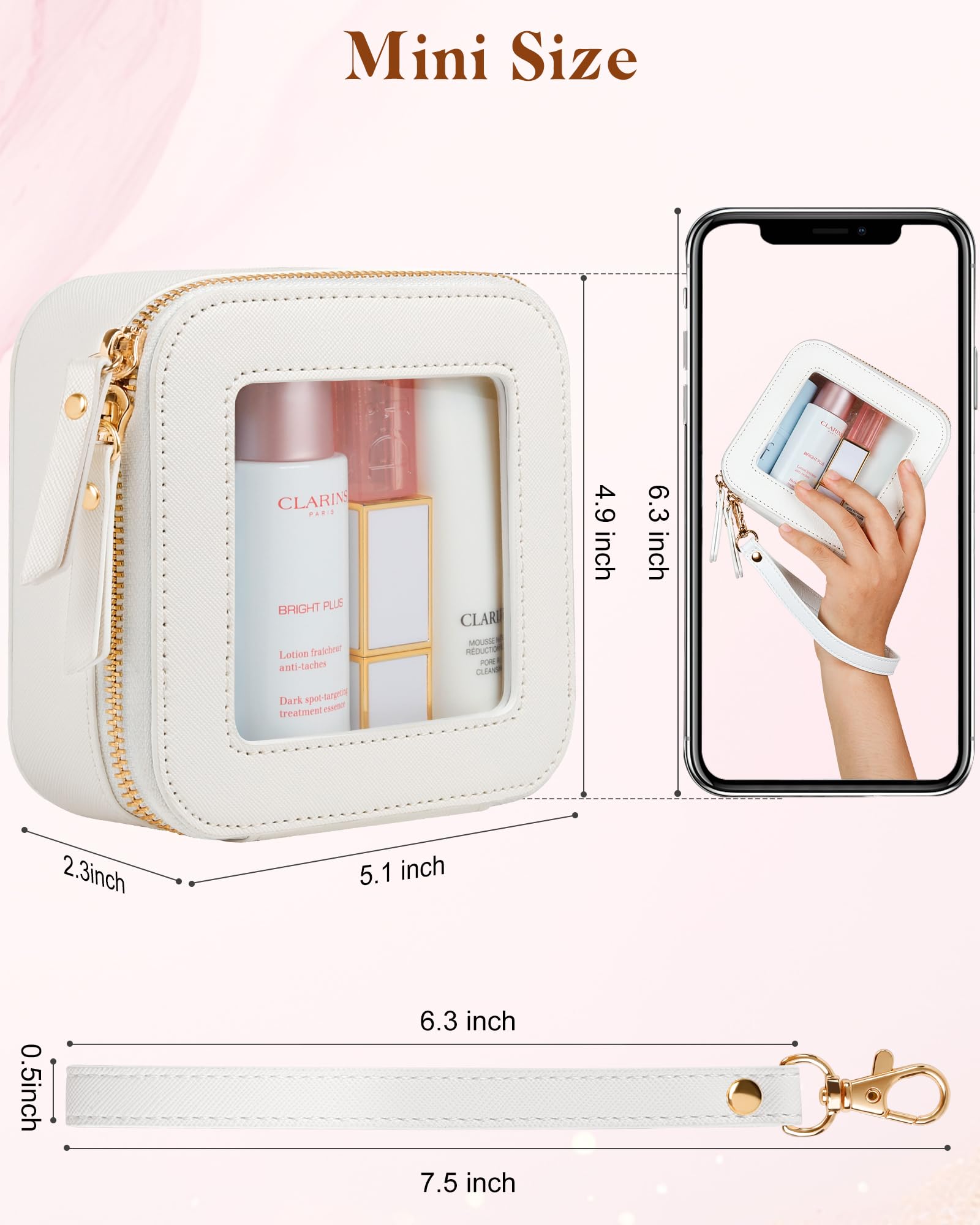 XUGUXA Clear Makeup Bag | Mini Makeup Bag | Small Makeup Bag/Small Cosmetic Bag for Purse | Cute Leather Makeup Pouch | Purse Organizer | Car Travel Purse Essentials for Women Teens Gift (White Mini)