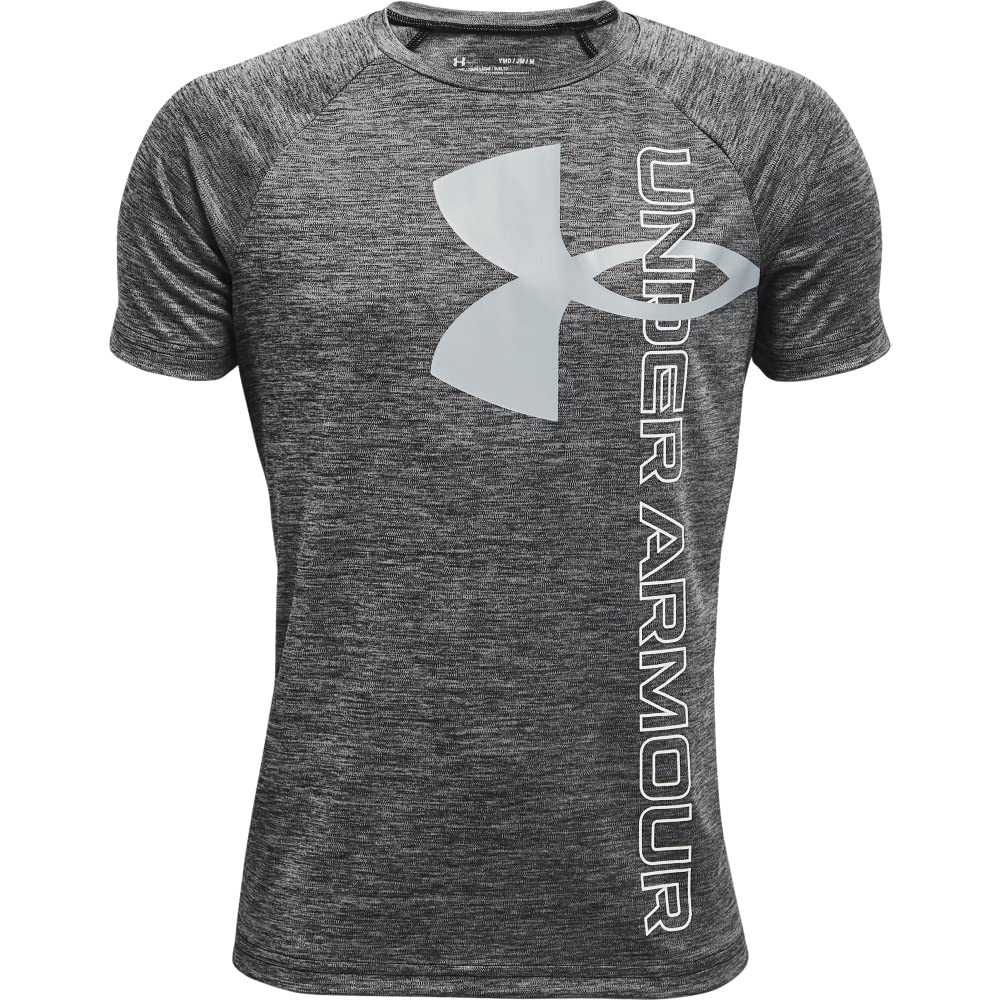 Under Armour boys Tech Split Logo Hybrid Short-Sleeve T-Shirt , Black (001)/White , Youth Medium