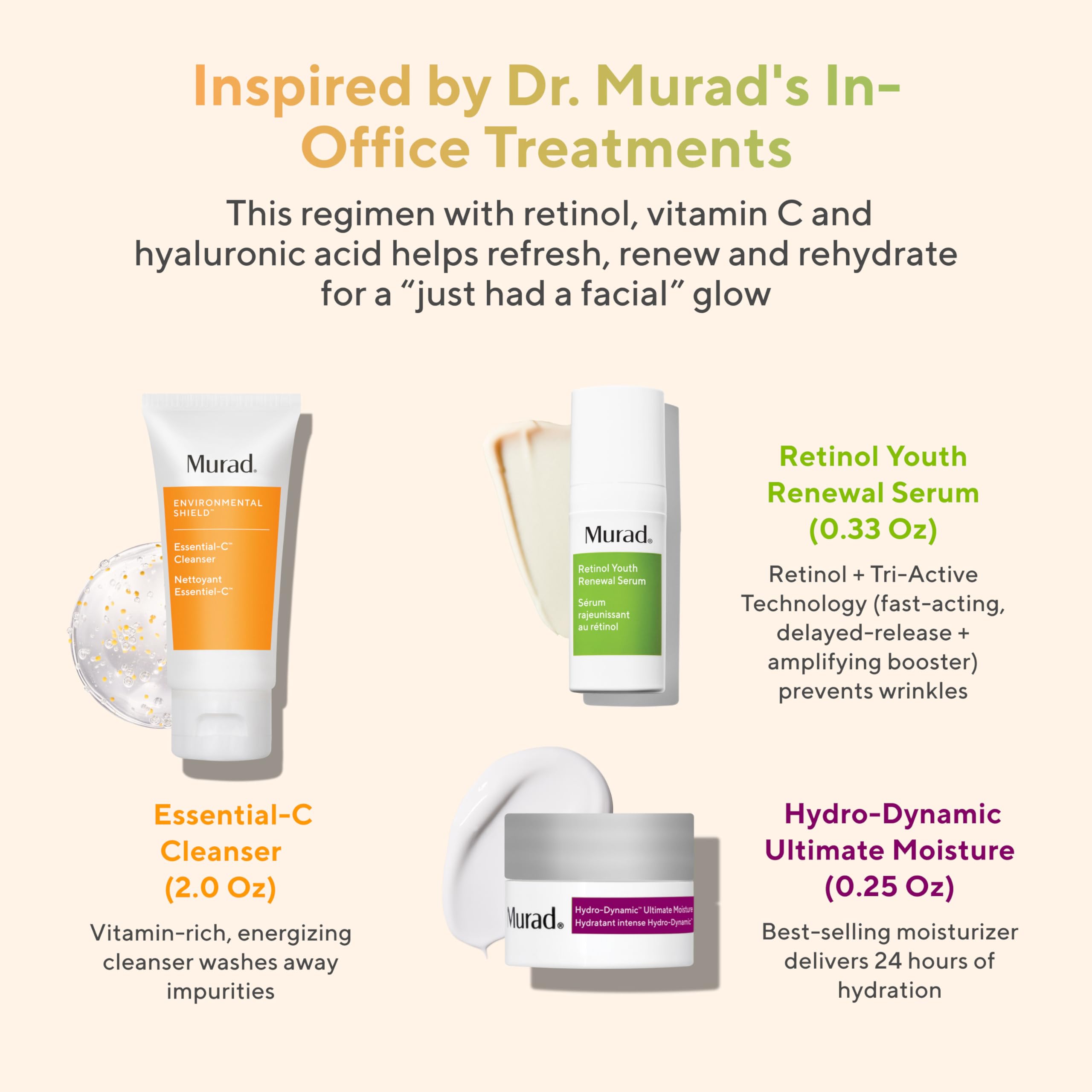 Murad Top 3 Derm-Recommended Actives - 3-Piece Trial Kit ($58 Value) - Daily Skincare Regimen - Ess-C Cleanser 2Fl Oz, Retinol Serum 0.33Fl Oz, Hydro Dynamic Moisturizer 0.25Fl Oz