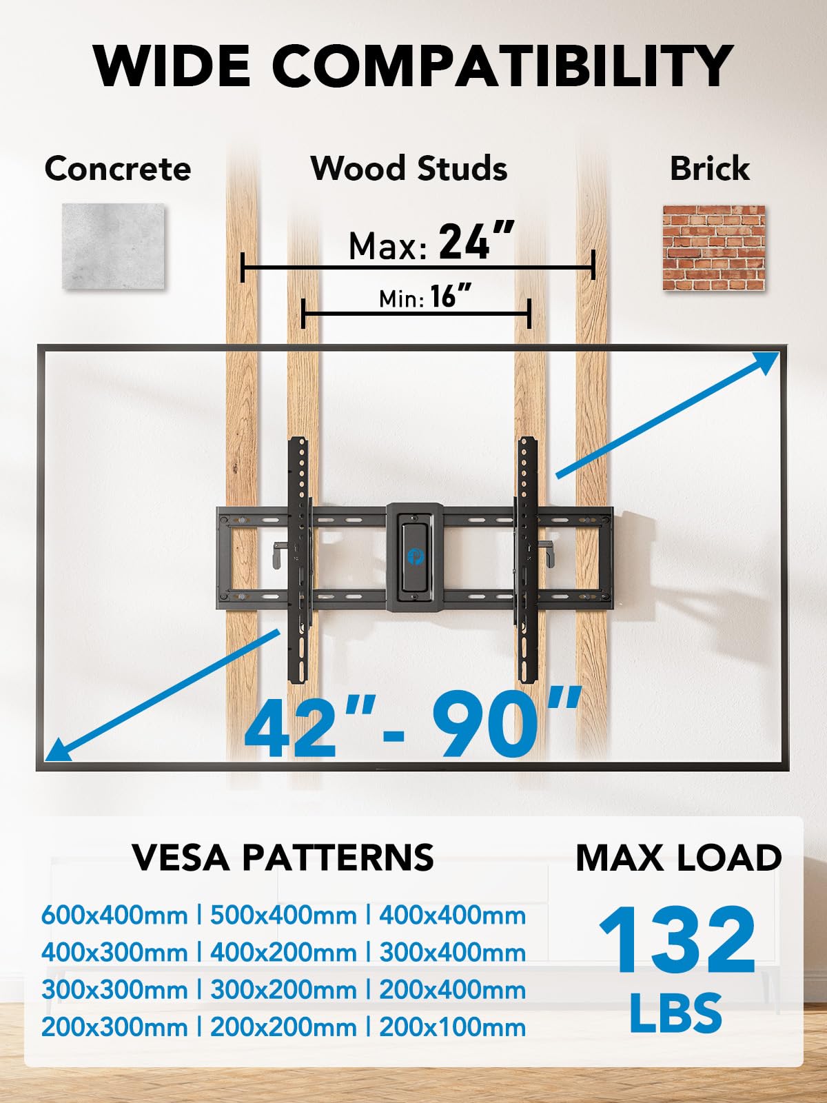 Pipishell UL Listed TV Wall Mount for 42–90 inch TVs up to 132 lbs, Advanced Tilt TV Mount with 15° Full Tilt, 6-inch Arm Extension, Slide to Center, Max VESA 600x400mm, 16″/18″/24″ Wood Studs, PIAT3