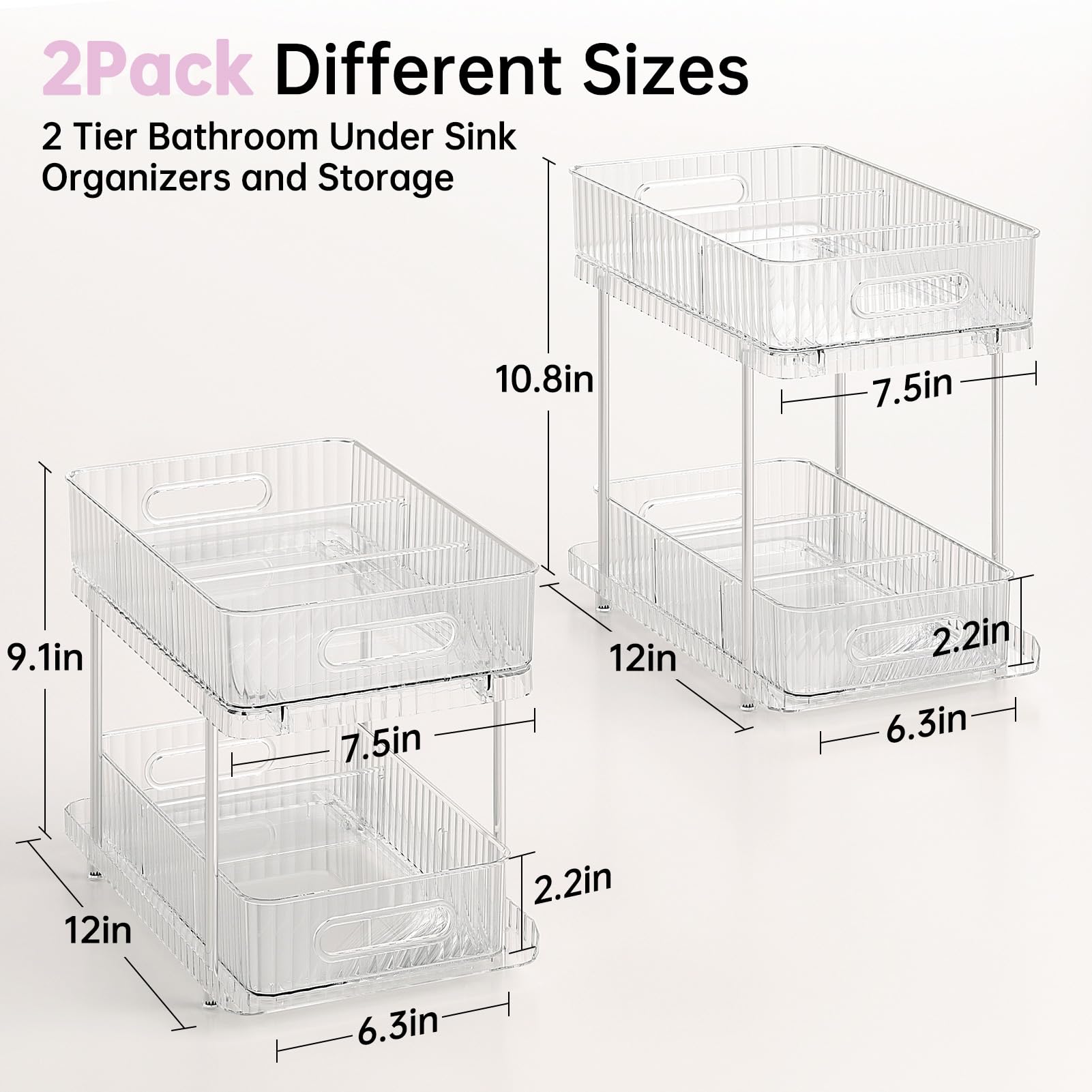 Delamu 2 Sets of 2-Tier Clear Bathroom Under Sink Organizers and Storage, Snap-Lock Pull Out Bathroom Medicine Cabinet Organizer,Multi-Purpose Kitchen Pantry Organizer and Storage with Movable Divider