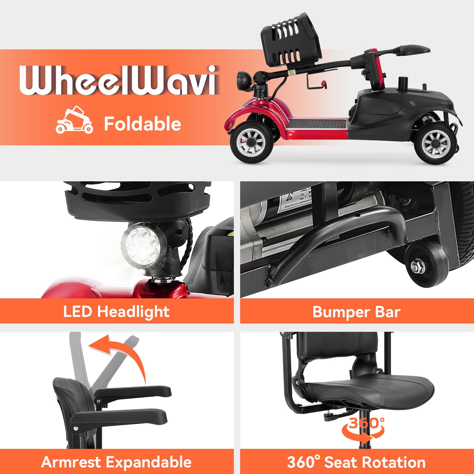 WheelWavi Powered Mobility Scooters, 15miles 4-Wheel Foldable Electric Scooter for Seniors & Adults – Heavy Duty Travel Model with Long-Lasting Battery, Front Basket, and LED Lights (Red)