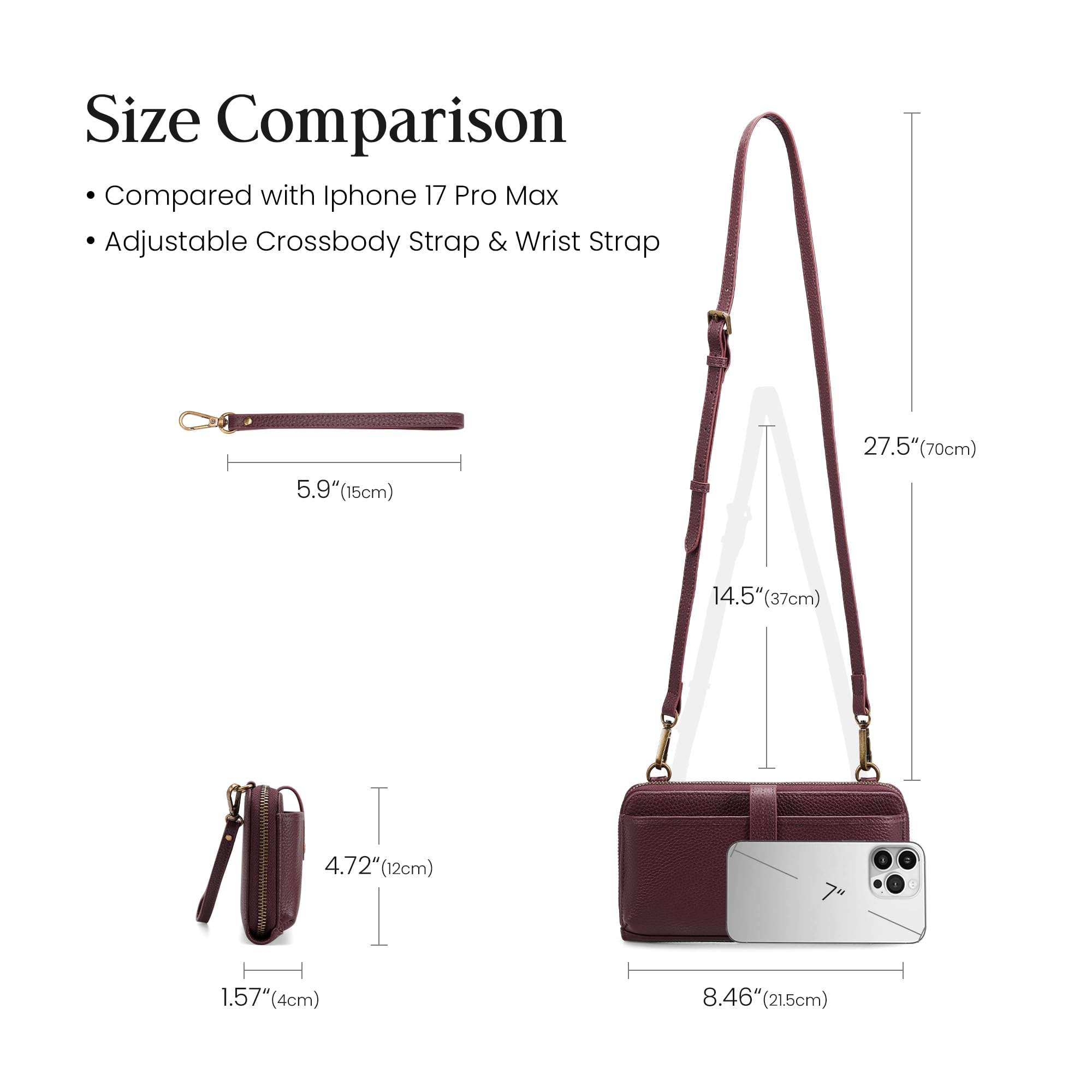 befen Genuine Leather Clutch Purse for Women Burgundy Purse with Built in Wallet RFID Wristlet Wallets Cell Phone Crossbody Travel Soft Real Leather Crossbody Bags Small Wristlet Clutch with 2 Straps