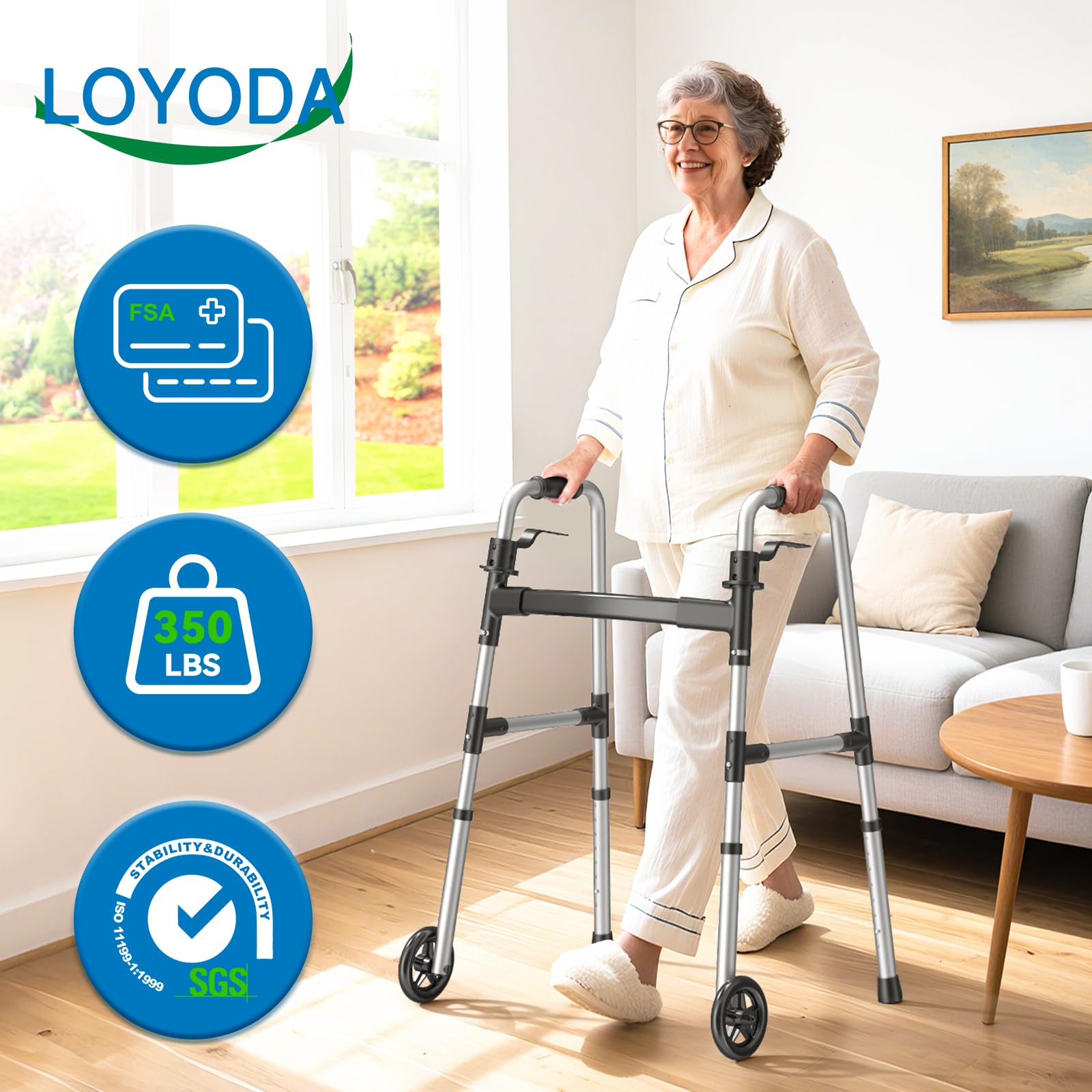 Loyoda Folding Walker with 2 Skis and 5" Wheels, Lightweight Walkers for Seniors and Adults, Supports Up to 350 Pounds, Adjustable Height, Compact Standard Walker, Black