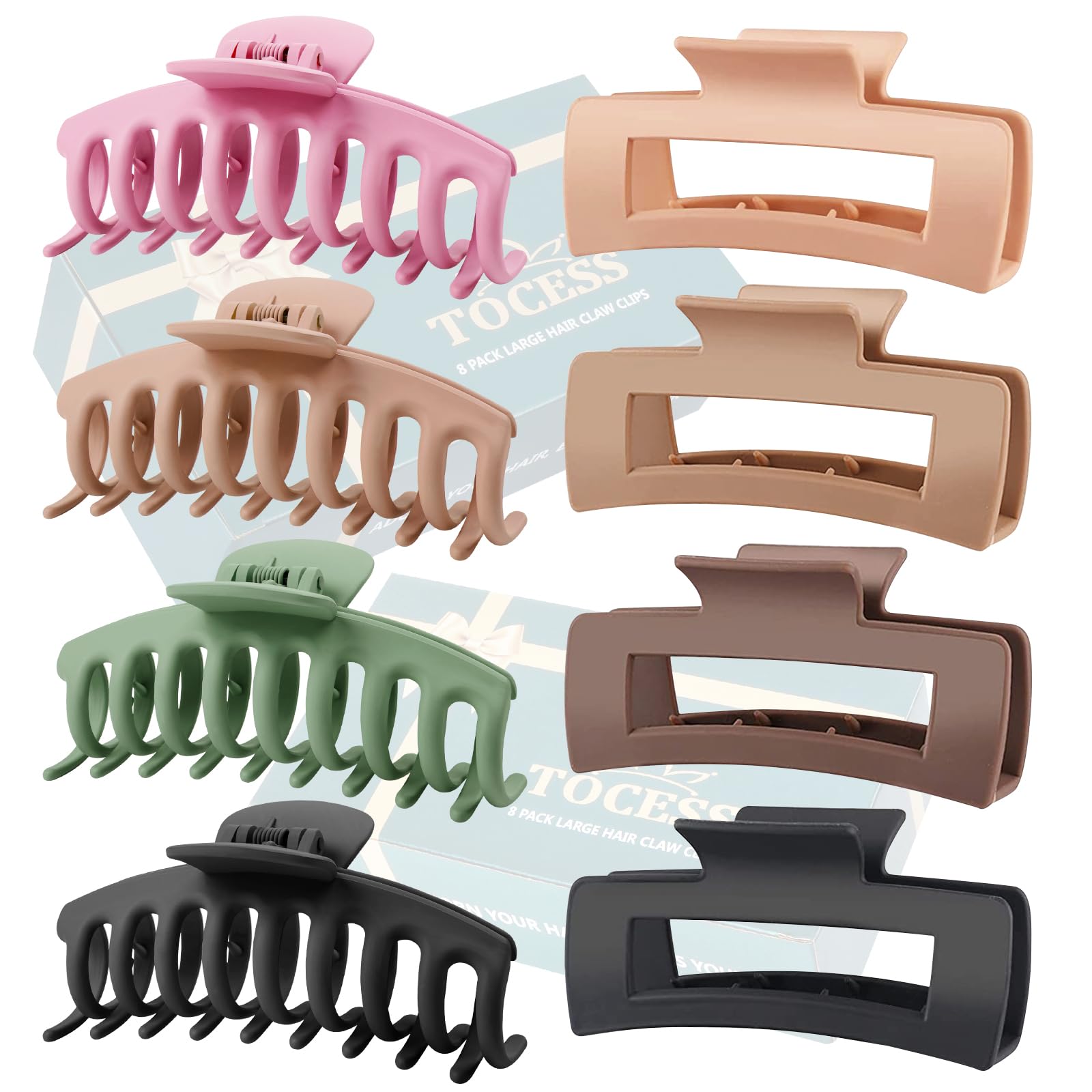 TOCESS 8 Pack Big Hair Claw Clips for Women Large Claw Clip for Thin Thick Curly Hair 90's Strong Hold 4.33 Inch Nonslip Matte Jumbo Hair Clips (8 Pcs)