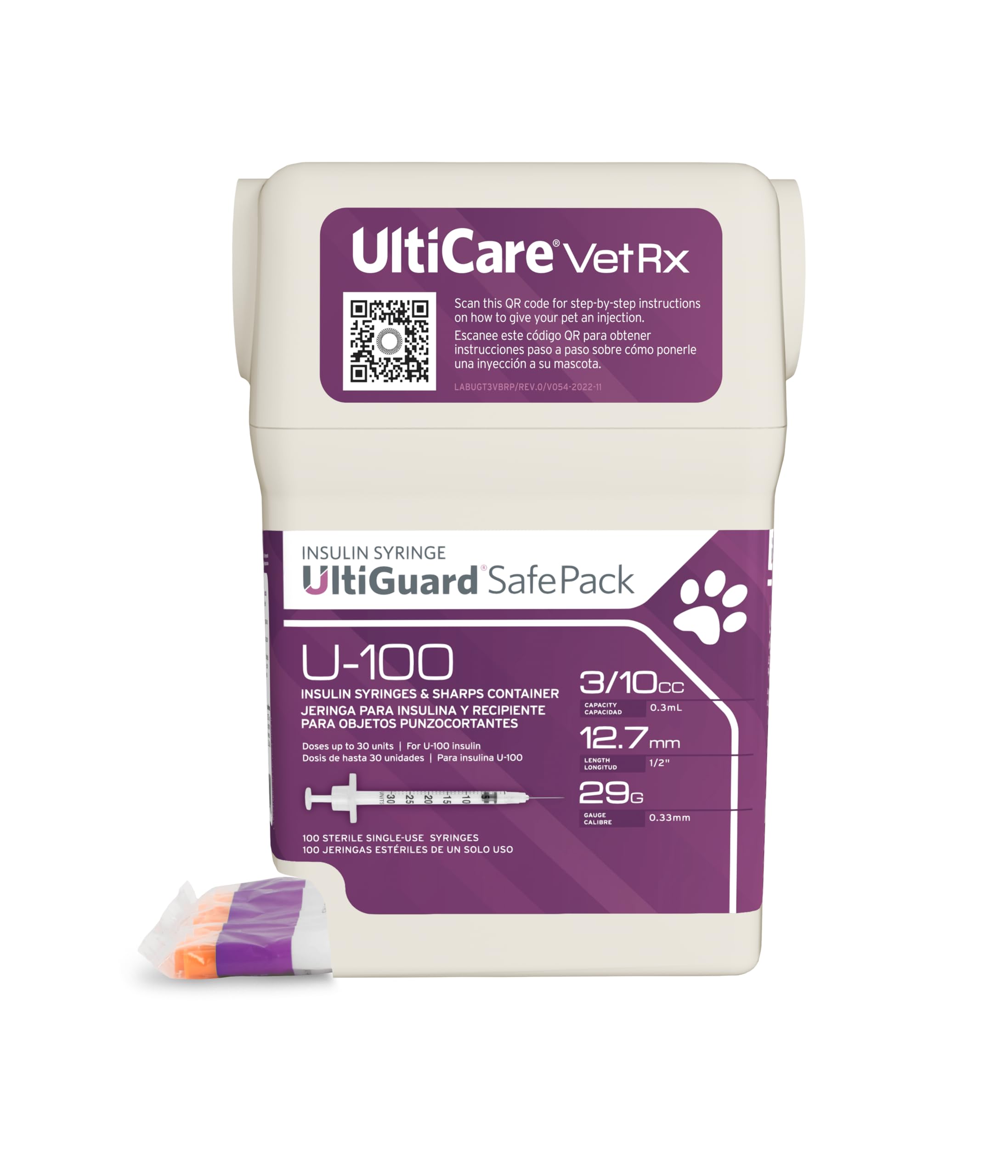 UltiCare VetRx U-100 UltiGuard Safe Pack Pet Insulin Syringes 3/10cc, 29G x 1/2”, 100ct