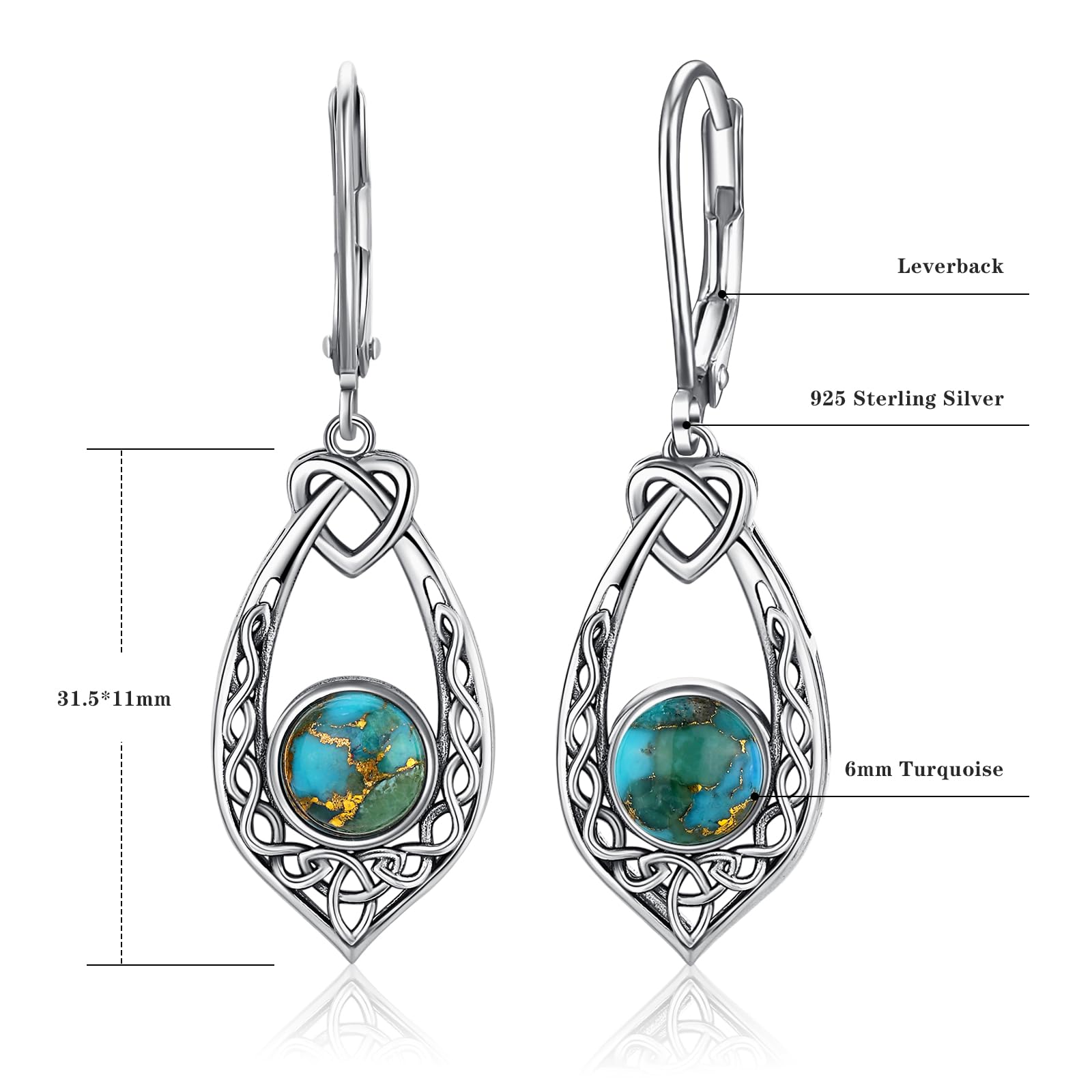 Yaresul Celtic Knot Turquoise Earrings for Women, Vintage 925 Sterling Silver Turquoise Dangle Earrings Celtic Knot Leverback Earrings Valentines Earrings Gifts