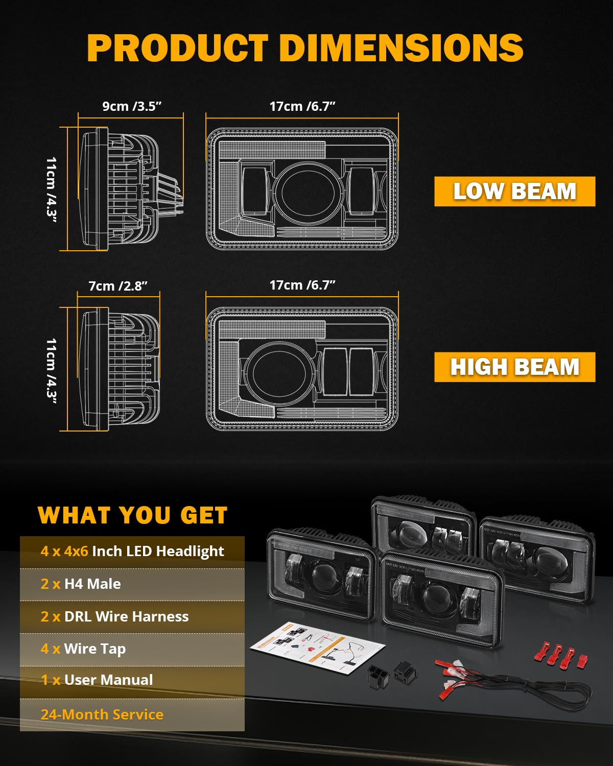 Auxbeam 4x6 LED Headlights with DRL Hi/Lo Beam Separately DOT Approved Rectangular Headlamps Replacement H4651 H4652 H4656 H4666 H6545 for Peterbil Kenworth Freightliner Ford Trucks, 4PCS Black