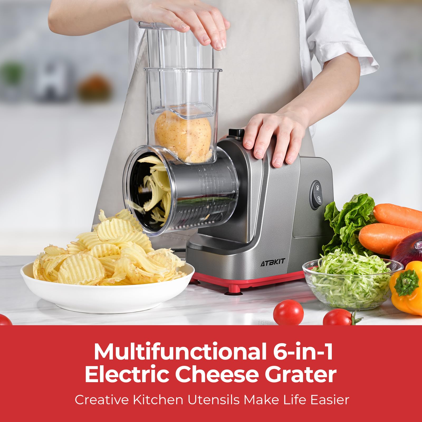 Electric Cheese Grater, Salad Maker With 6 Different Shapes of Blades, 250W Electric Slicer Shredder, Electric Salad Machine for Cheeses, Fruits, Vegetables