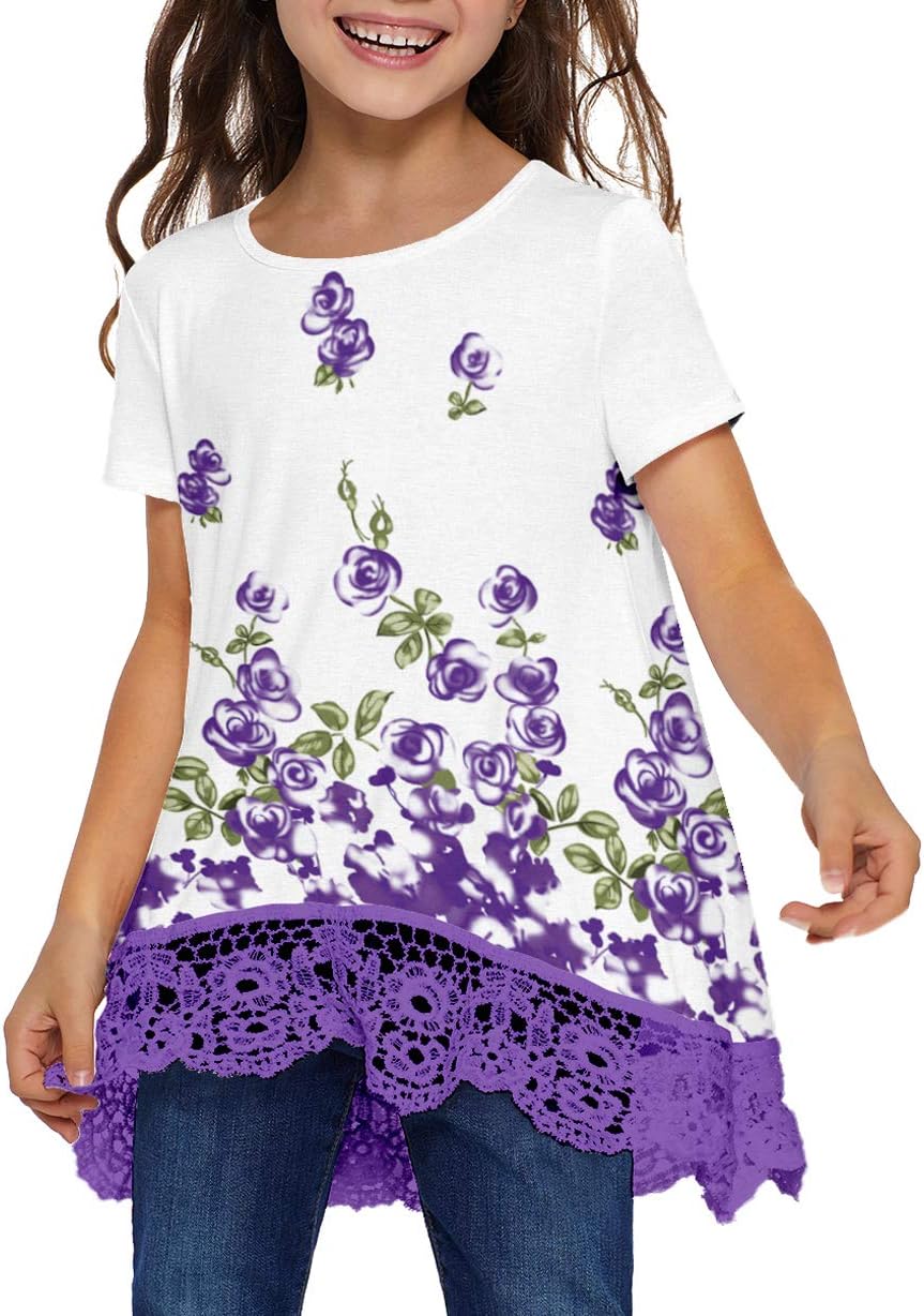 storeofbaby Loose Tee Shirts for Big Girls, Big Kid Floral Casual Blouse for Leggings