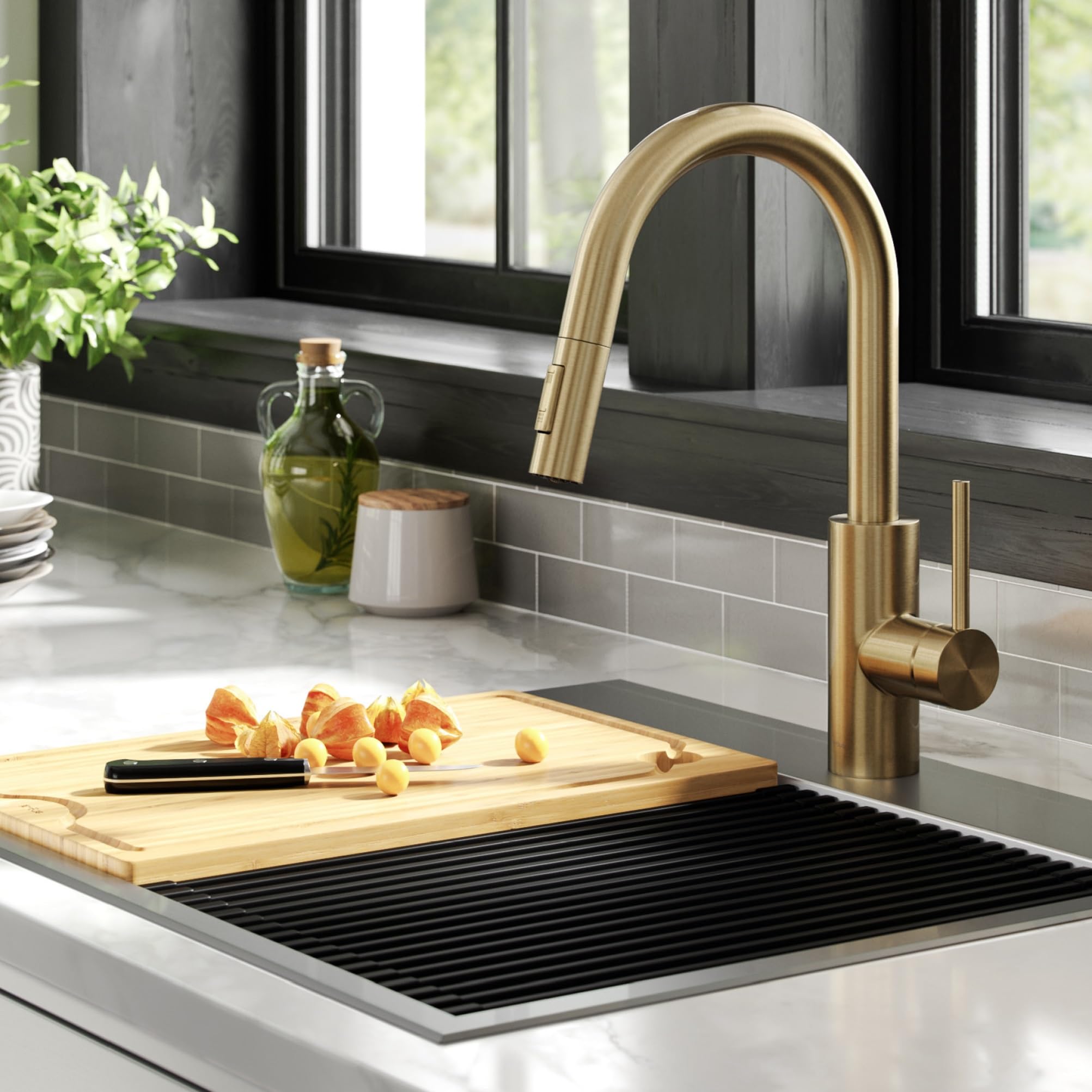 KRAUS Oletto Single Handle Pull Down Kitchen Faucet with QuickDock Top Mount Installation Assembly in Spot Free Antique Champagne Bronze, KPF-2620SFACB