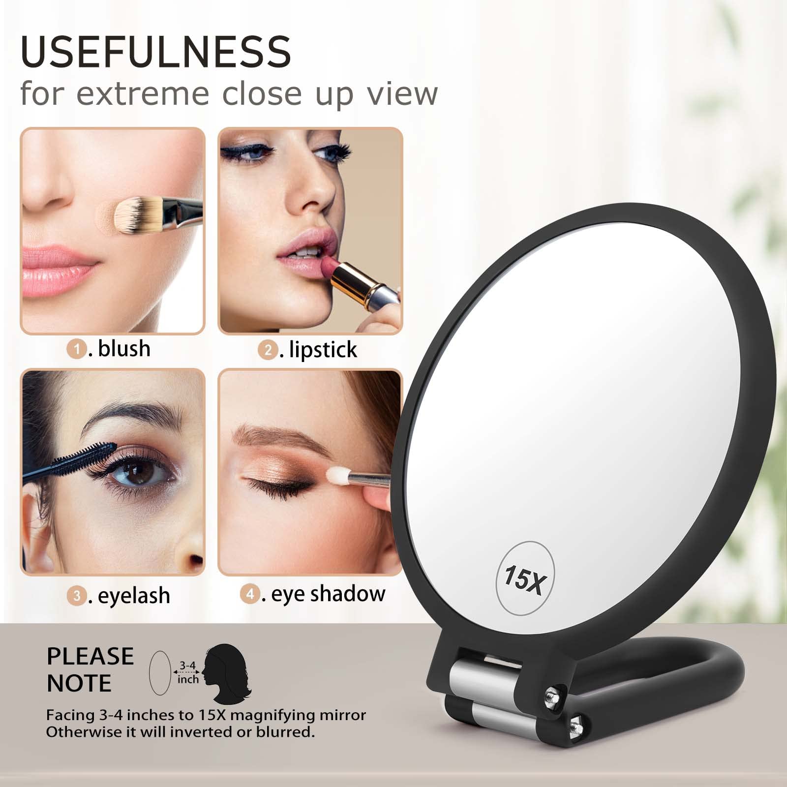 CLSEVXY Magnifying Handheld Mirror Double Sided, 1X 15X Magnification Hand Mirror, Travel Folding Held Adjustable Rotation Pedestal Makeup Desk Vanity